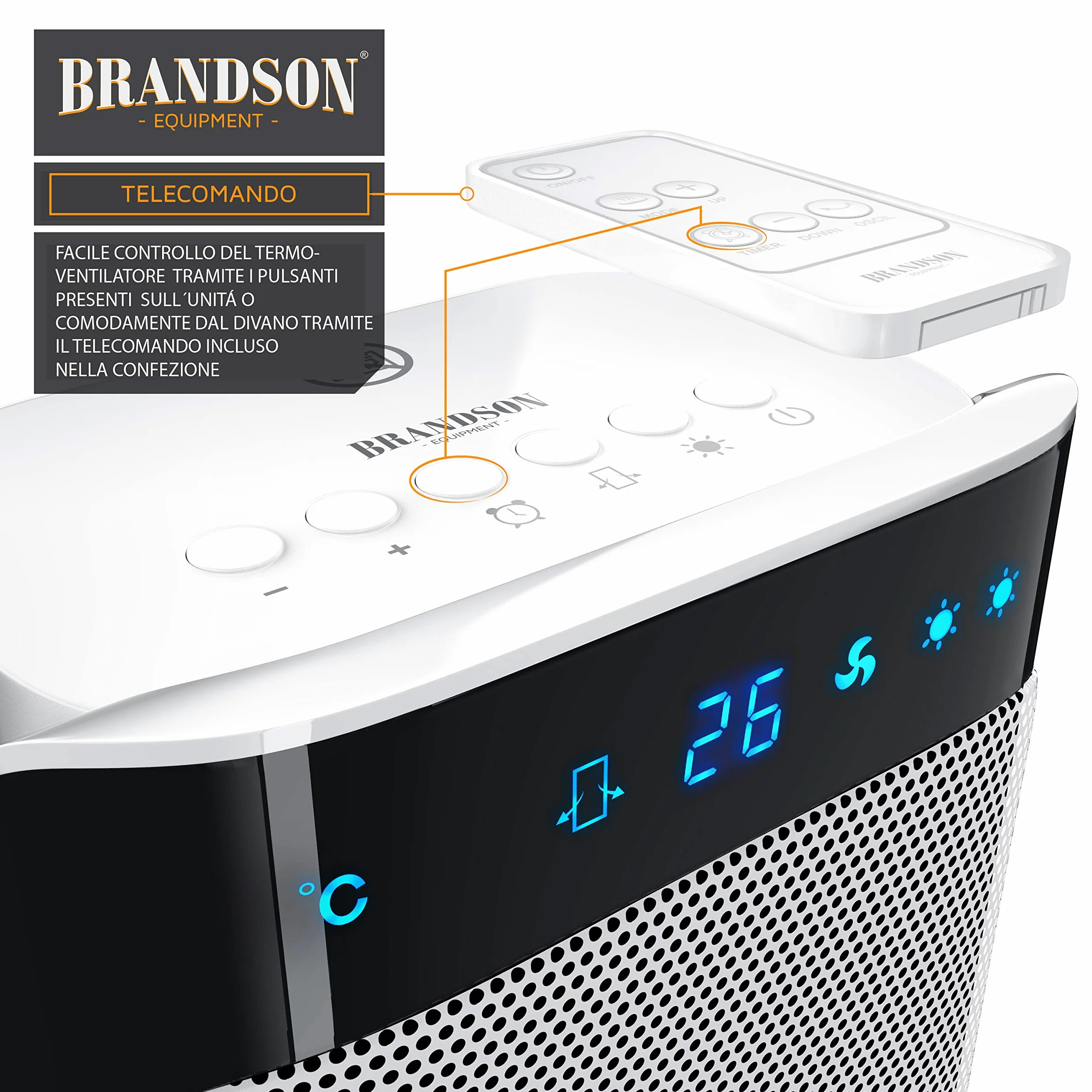 Brandson - Termoventilatore con Telecomando - Termoventilatore in Ceramica Bagno a Risparmio energetico, Silenzioso - Riscaldamento rapido con Funzione di Oscillazione - 2 Livelli di Riscaldamento -