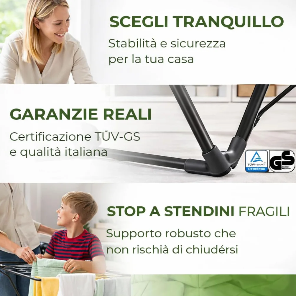 AGRICOLA GIRALDI Stendibiancheria da Pavimento, 18 METRI DI STENDITURA, in Acciaio - Stendino Pieghevole con Piedini Antiscivolo, Sistema Anti-Chiusura, Certificato TÜV-GS, Made in Italy, BLACK