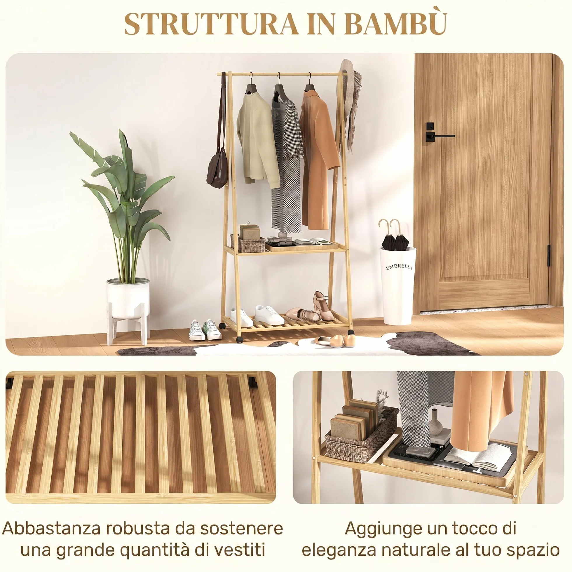HOMCOM Appendiabiti da Terra in Bambù con Ruote, 2 Ripiani, 2 Ganci, 84.5x43.5x158 cm, Color Legno