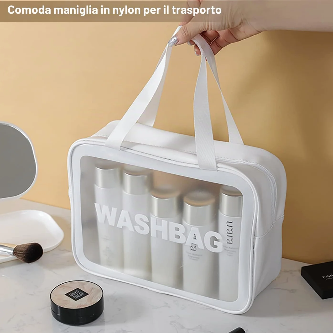 Borsa da Toilette Grande per Donne e Uomini, Wash Bag da Viaggio con Maniglia per il Trasporto, Borsa da Doccia Portatile