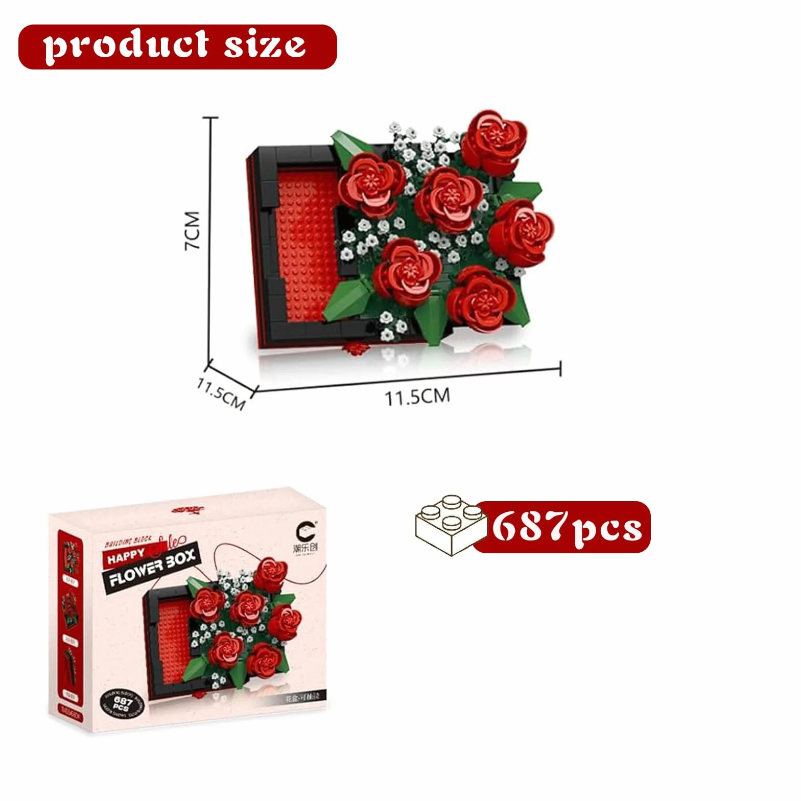 Botanicals - Set di 687 blocchi da costruzione con fiori finti, collezione botanica, decorazione per adulti, decorazione per la casa o decorazione floreale (rosso)