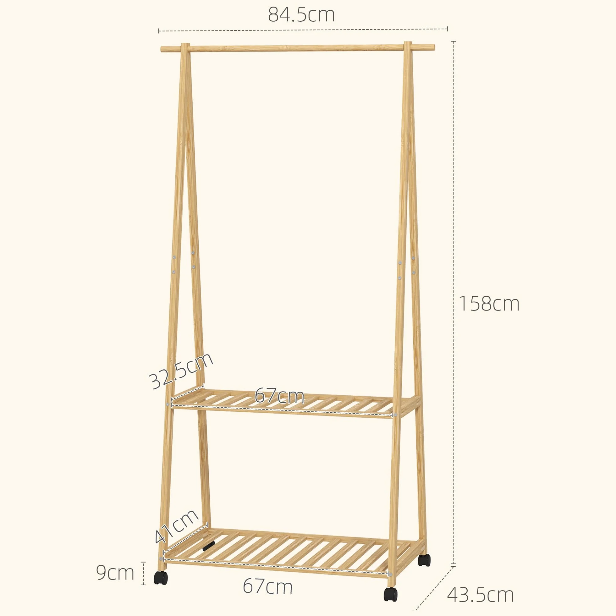 HOMCOM Appendiabiti da Terra in Bambù con Ruote, 2 Ripiani, 2 Ganci, 84.5x43.5x158 cm, Color Legno