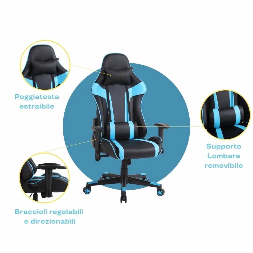 Sedia da Gaming Massimo Comfort e Stile RAPTOR Schienale Reclinabile Altezza Regolabile con Braccioli Poggiatesta Supporto Lombare Poltrona Playstation (Nero/Blu)