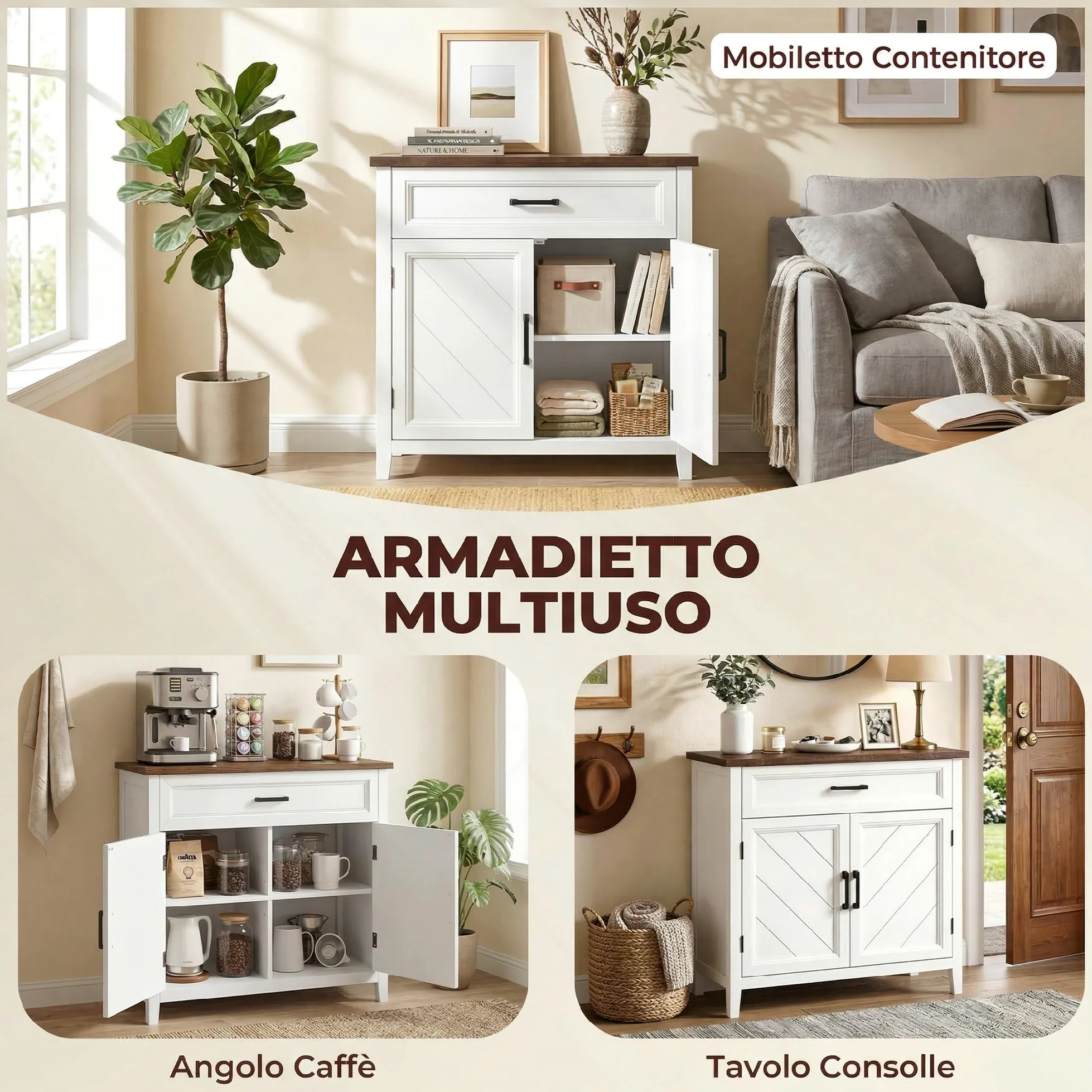 HOMCOM Credenza Cucina, Mobile Cucina con 2 Ante, Ripiano Regolabile e Cassetto, Piano Effetto Legno, Stile Rustico, Credenza Buffet per Soggiorno, Salotto, Sala da Pranzo, 76x35x80 cm, Bianco