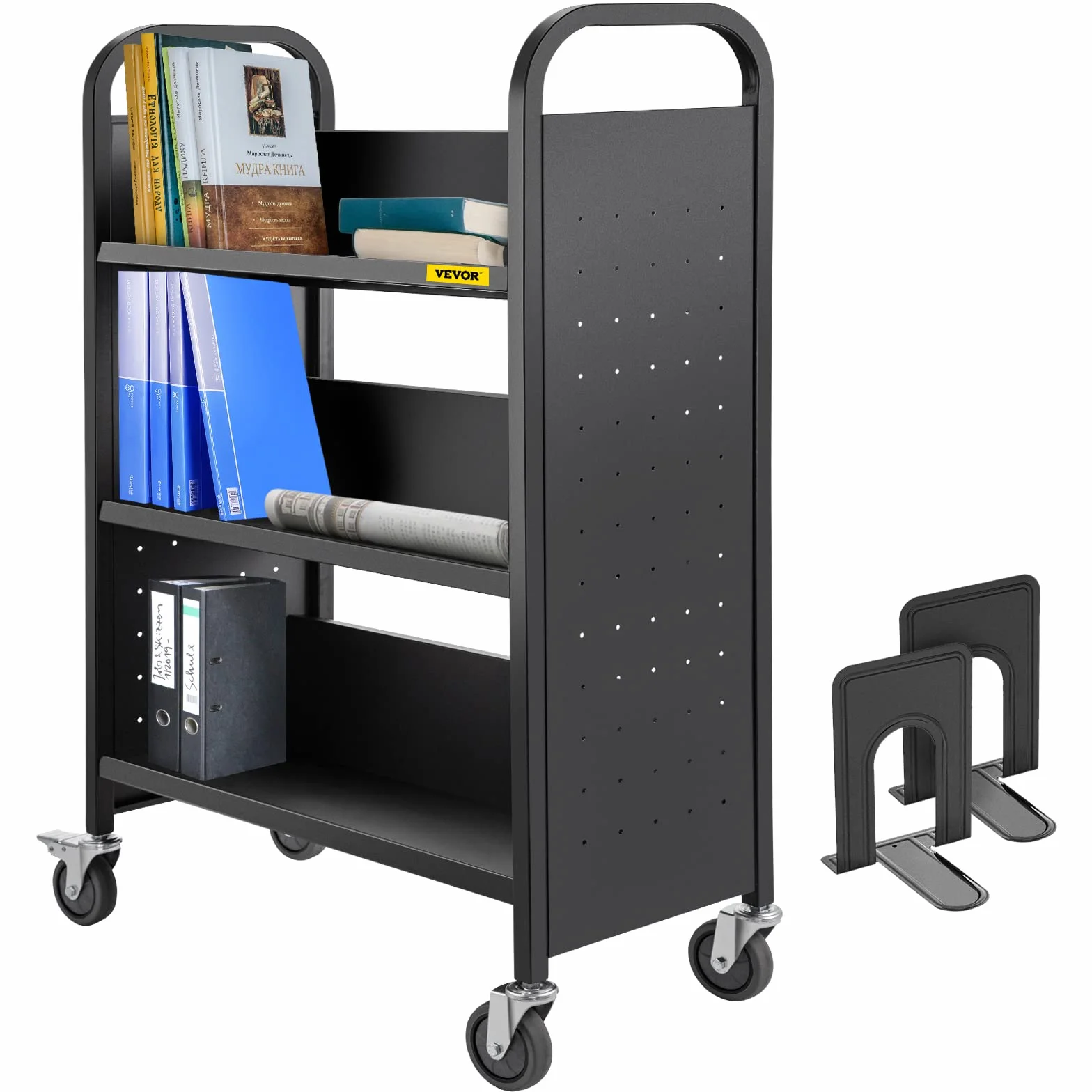 VEVOR Carrello per libri, 90,7 kg, 76 x 35 x 114 cm, ripiani inclinati a forma di V su un lato con ruote bloccabili da 10 cm, per mensole domestiche, ufficio e scuola, camion dei libri in nero