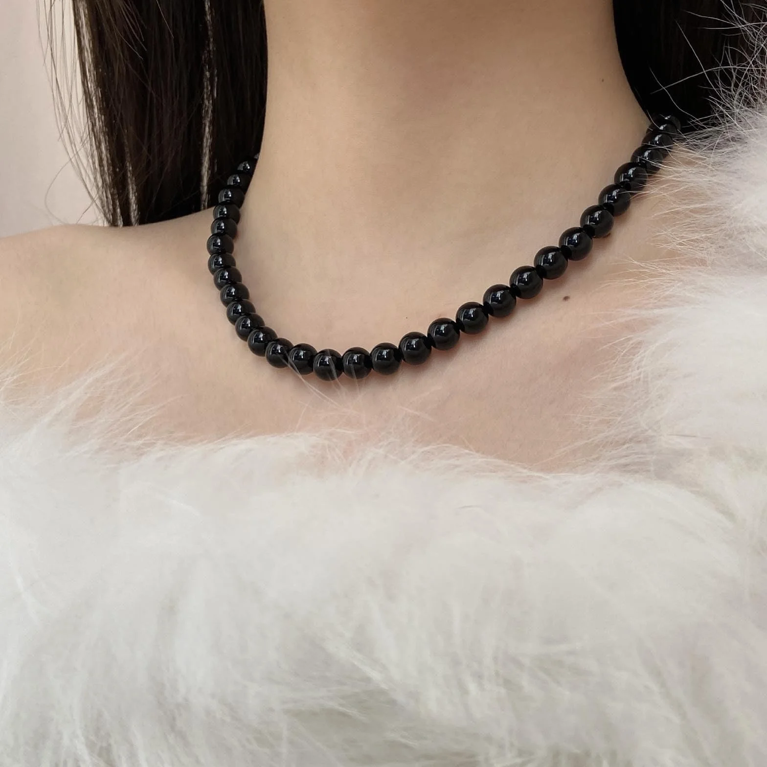 Collana di Perle Nere Vintage, Collana a Catena di Perle Rotonde, Collana di Perline Spinello, Collana Girocollo di Perle, Gioielli Per Donna, Nero, Zinco, Perlina, Unisex, Tutte le stagioni
