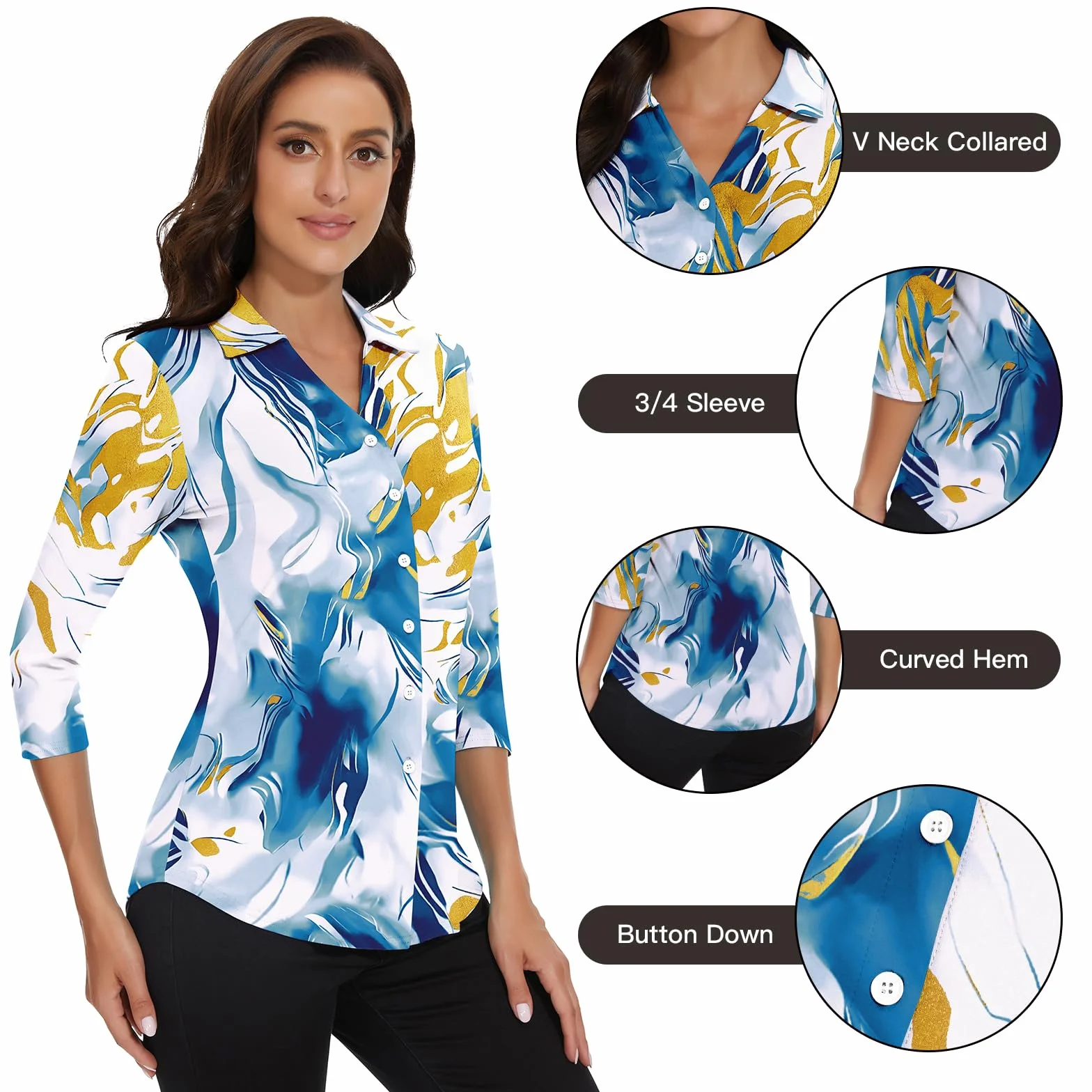 Soneven Camicia Donna Estiva Elegante, a 3/4 Maniche Lunghe Camicetta con Scollo a V Polo da Golf da Lavoro con Bottoni