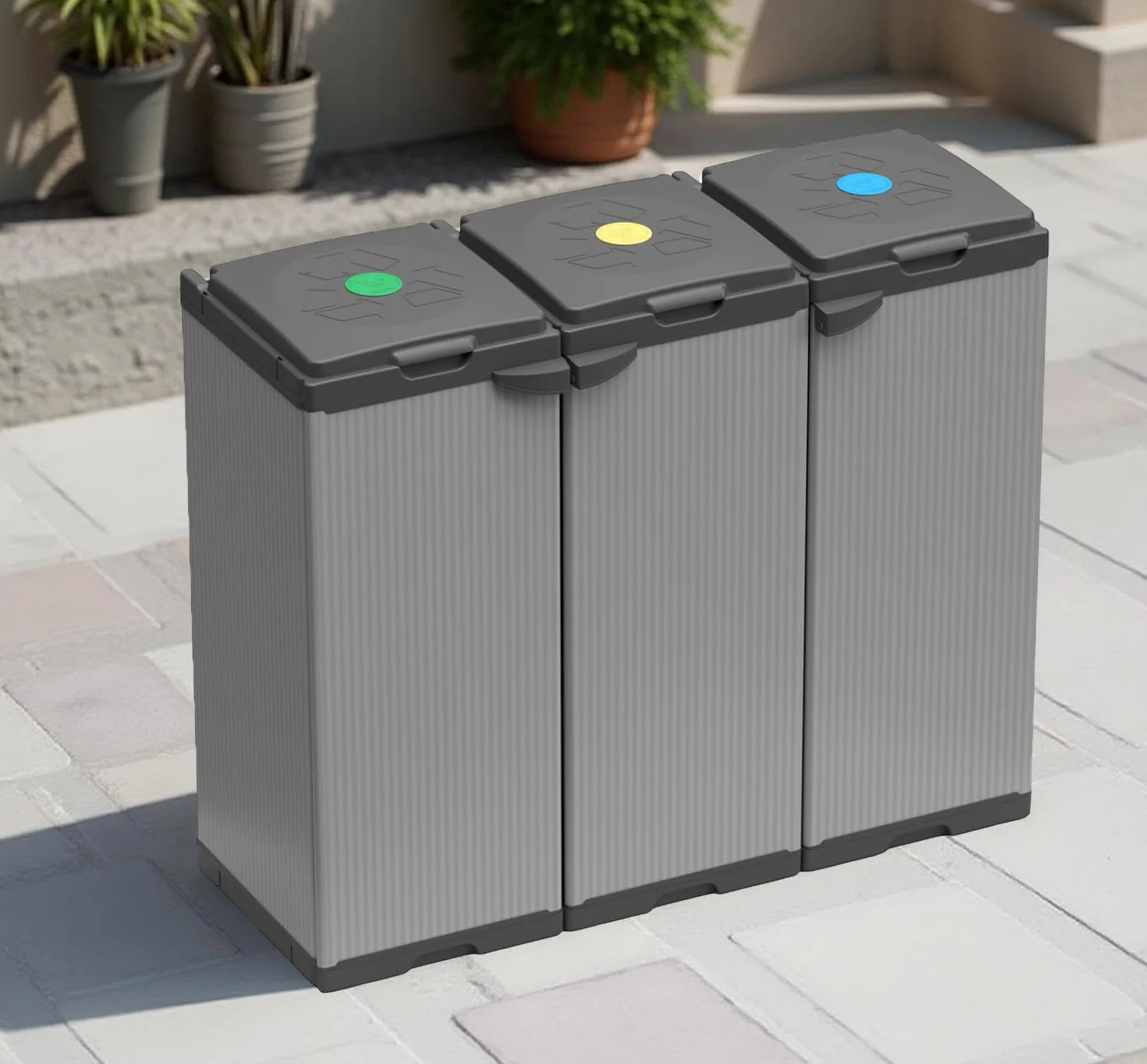 Armadietto Pattumiera Tris 240 Lt da Esterno 3 Ante 3 Vani,102x38x87h cm Coperchi Ferma Sacco – Raccolta Differenziata, Montaggio Senza Viti, Resistente – Made in Italy