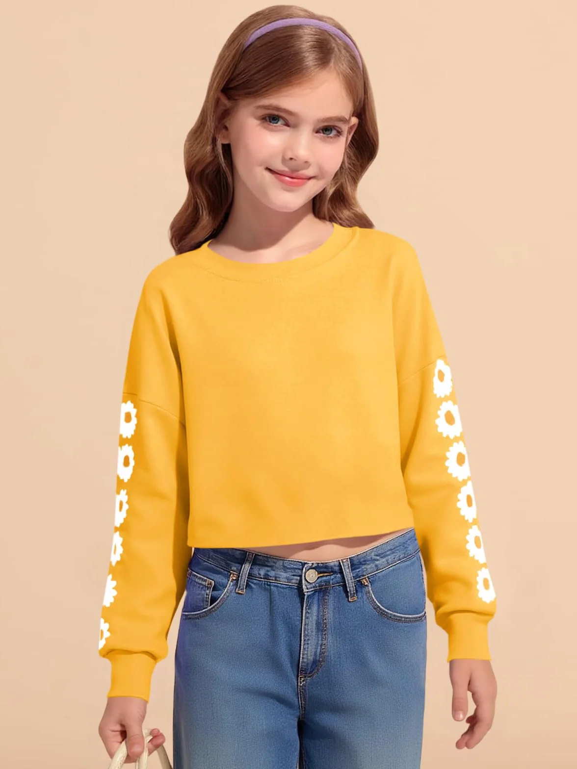 Imily Bela Felpa da Ragazza con Margherite Pinted Crop Top Maglione a Maniche Lunghe Pullover