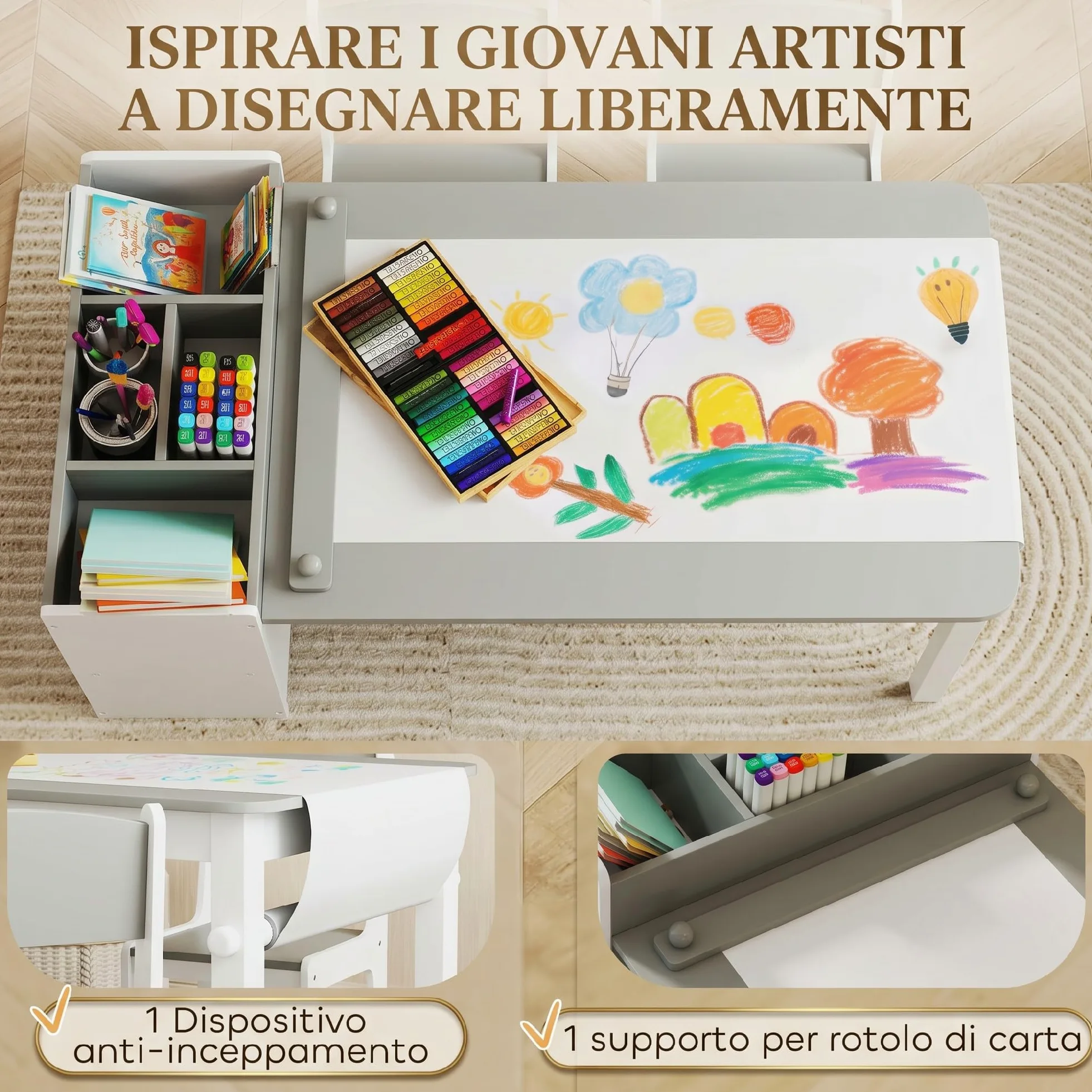 AIYAPLAY Set Tavolo e Sedie per Bambini 3-8 Anni con 2 Sedie e Tavolino con Spazio Contenitore, Mobili per Bambini in Legno di Pino e Tessuto non Tessuto, Bianco e Grigio