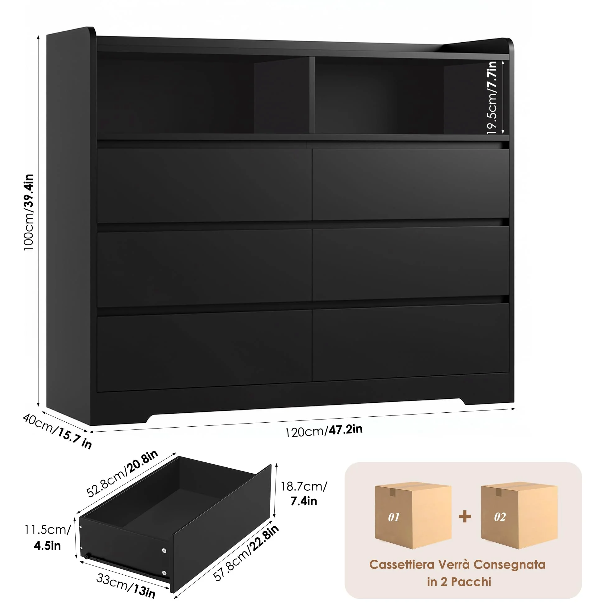 FOREHILL Cassettiera Camera da letto, Cassettiera con 6 Cassetti, Comò con 2 Scomparti Aperti Moderno, per Camera da Letto, Corridoio, Soggiorno, Ufficio, 120x40x100cm (Nero)