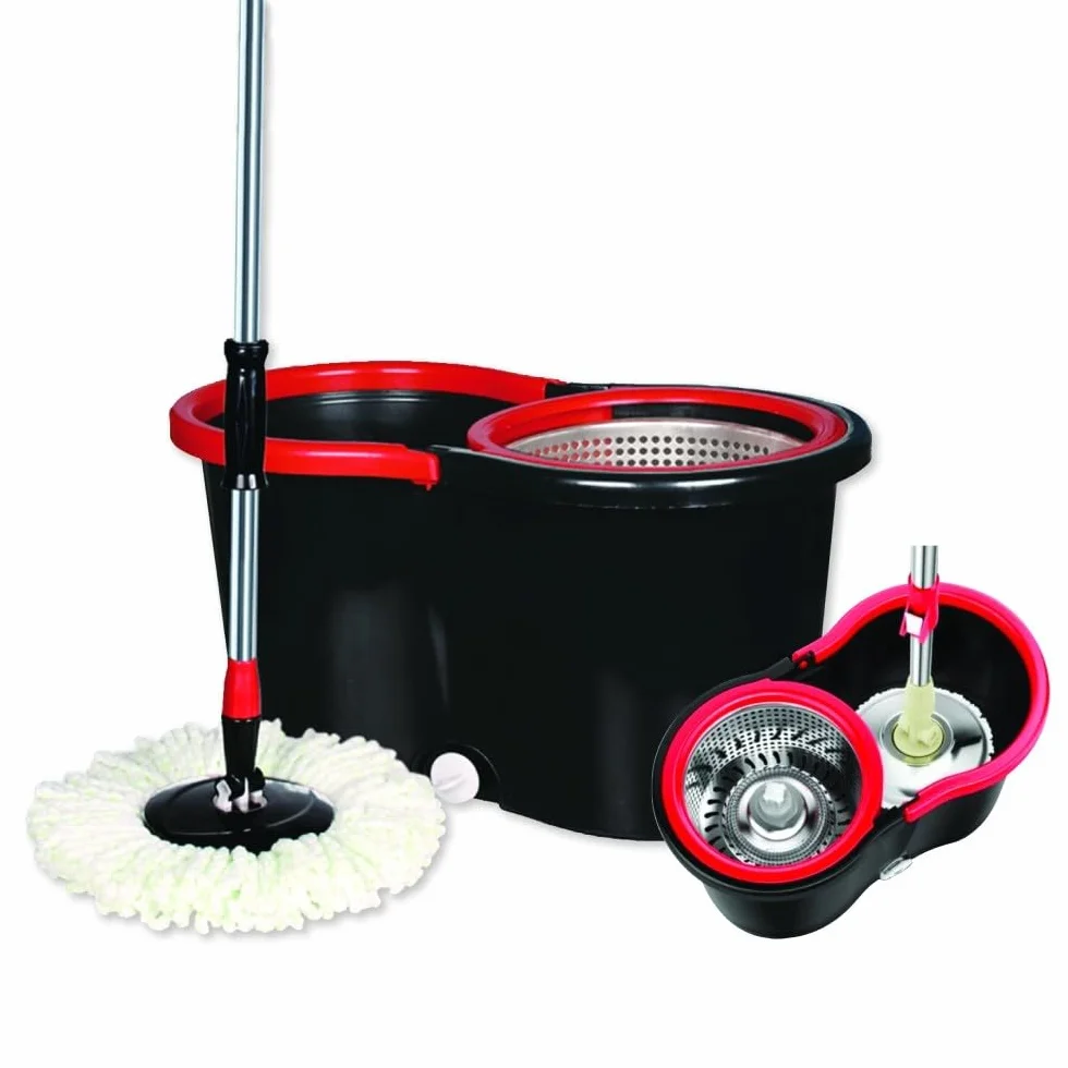 Meridiana - Spin mop Lavapavimenti Con Sistema di Strizzatura Manuale attivabile attraverso il Manico, Set per la Pulizia dei Pavimenti con Secchio e Cestello in ACCIAIO INOX, Panno 100% Microfibra