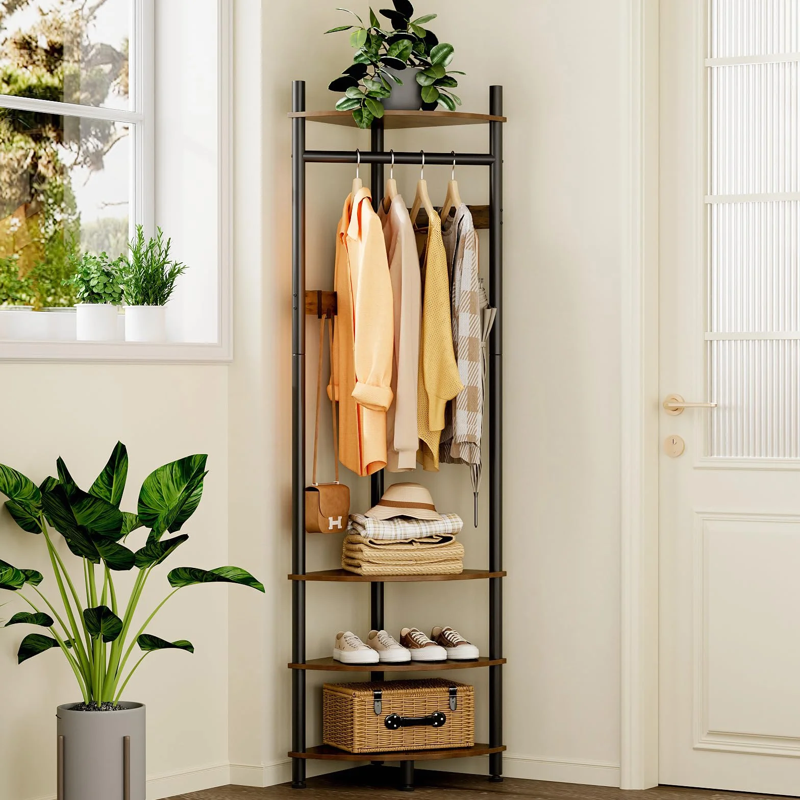 VEDECASA Appendiabiti ad albero ad angolo con ripiani a 4 livelli e panca per scarpe, autoportante, ad angolo, con 6 ganci mobili, organizer industriale in legno, marrone