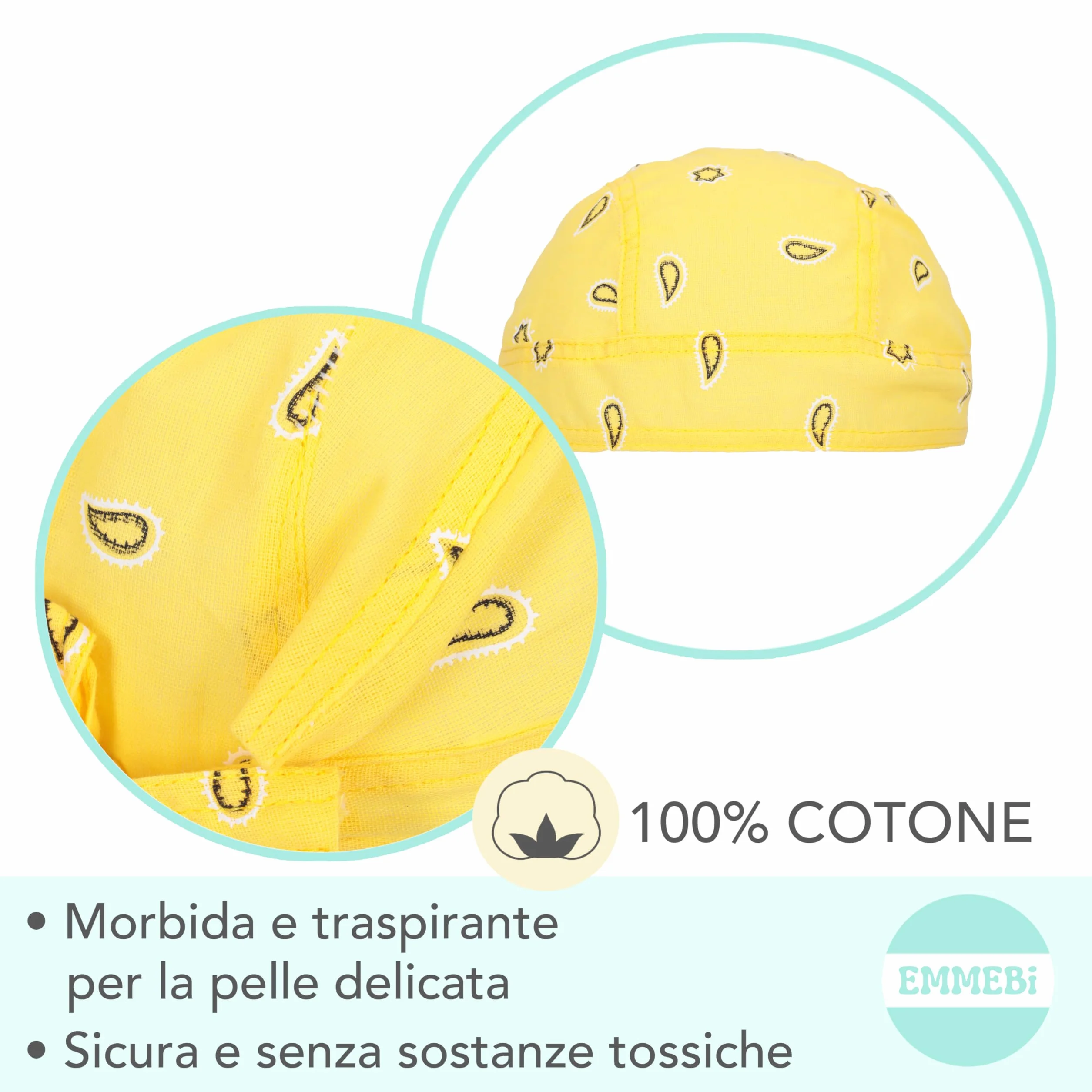 EMMEBi Bandana Bambino Neonato 100% Cotone Protezione Raggi UV Taglia Unica 50-54 cm Regolabile