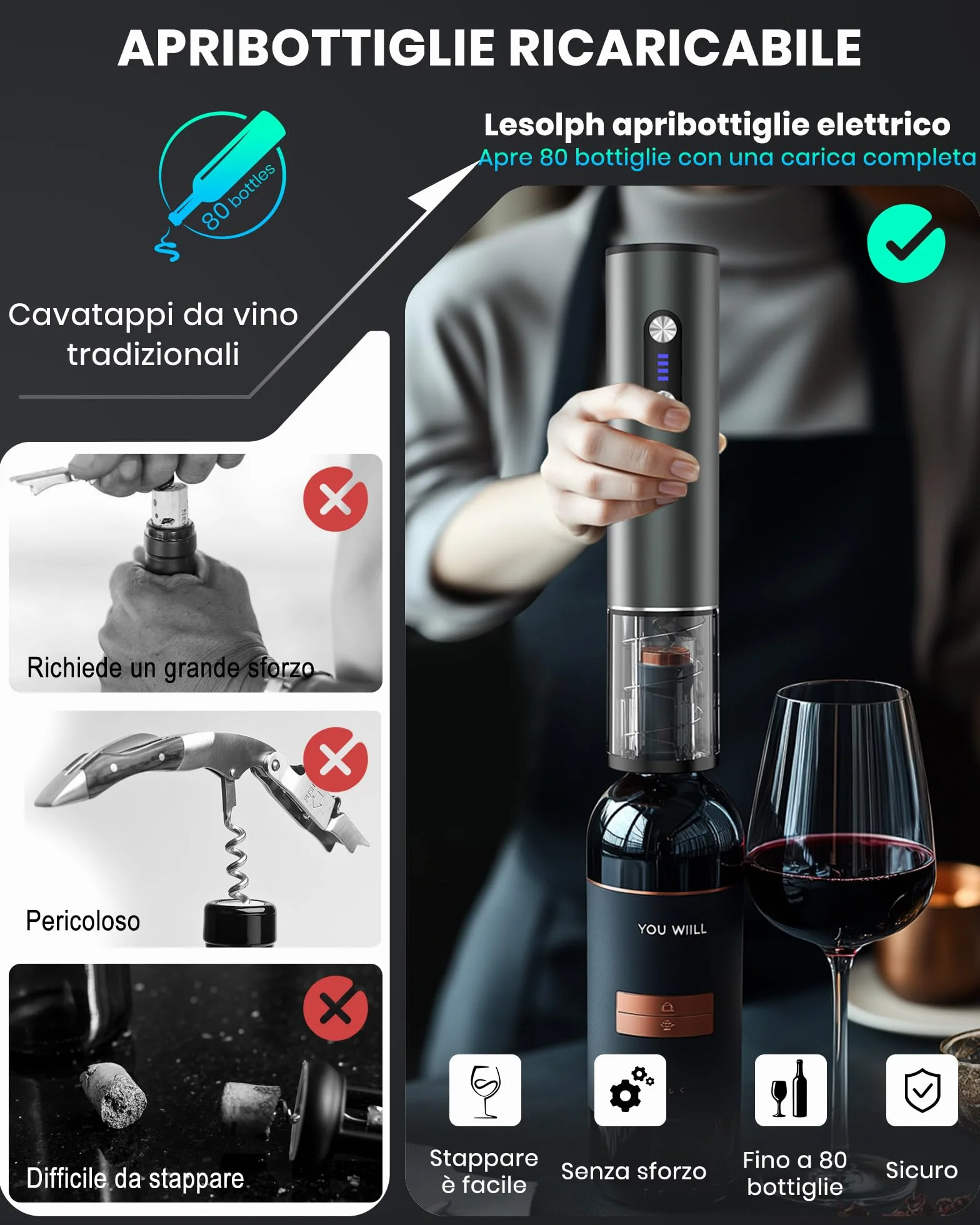 Cavatappi elettrico ricaricabile inox apribottiglie con aeratore vino 2 tappi sottovuoto taglierina alluminio USB