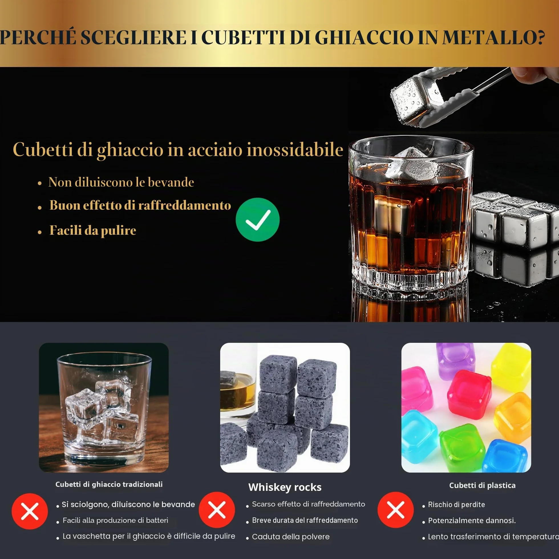 Cubetti di Ghiaccio Riutilizzabili in Acciaio Inox 16 Pezzi - Pietre per Whisky Regalo Uomo