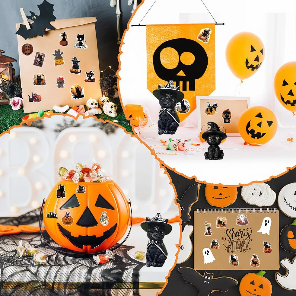 Gatto Strega Halloween Decorazione con Adesivi Neri e Mini Gatto Resina Set Statuetta a Forma di Gatti Statuette Decorative per Gatti Regalo Halloween per Feste e Arredo Casa