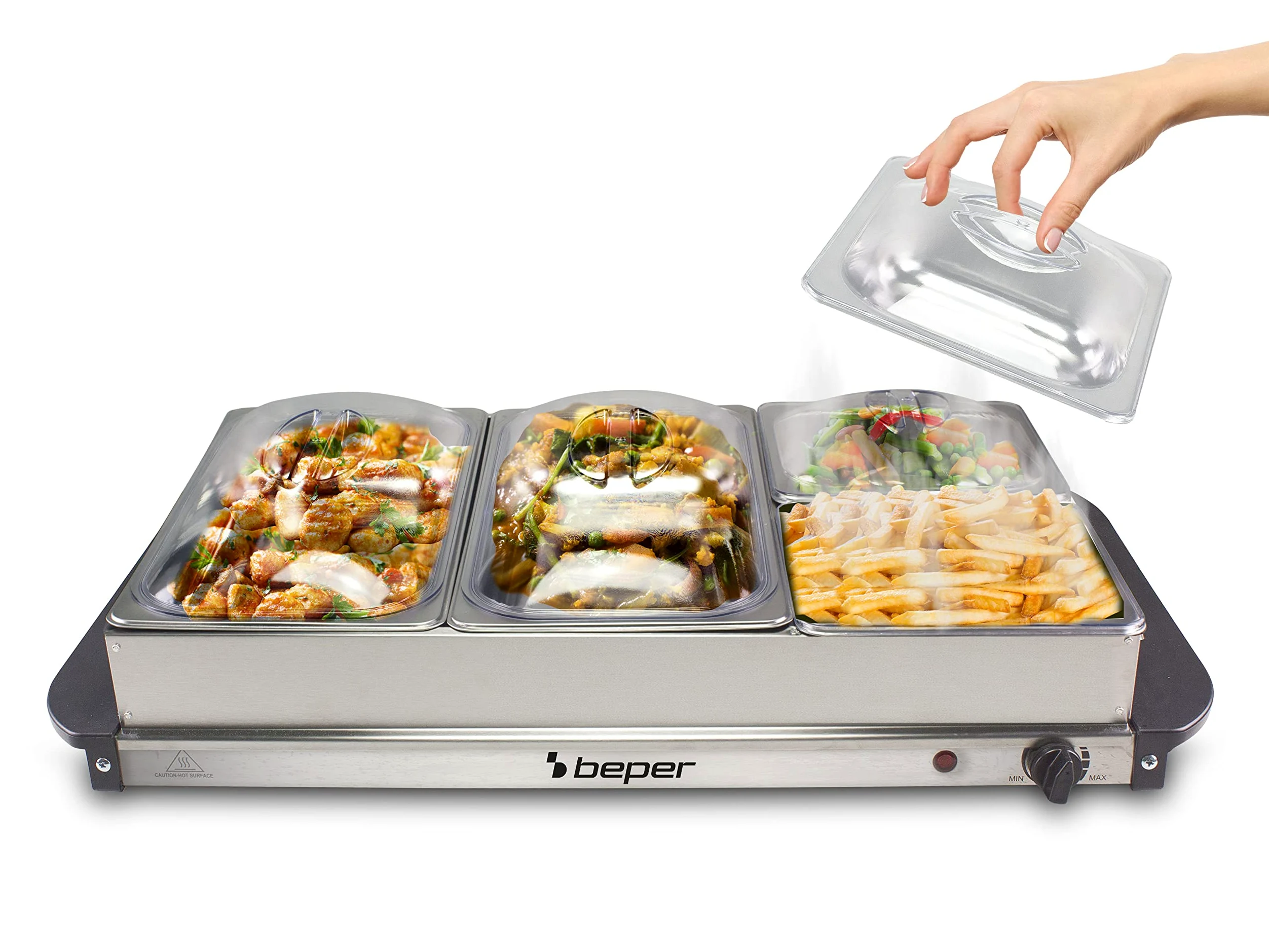 Beper P101TEM001 Scaldavivande per buffet, Acciaio inossidabile, 4 vassoi rimovibili, Termostato per la temperatura, Luce funzionamento, Ideale per buffet