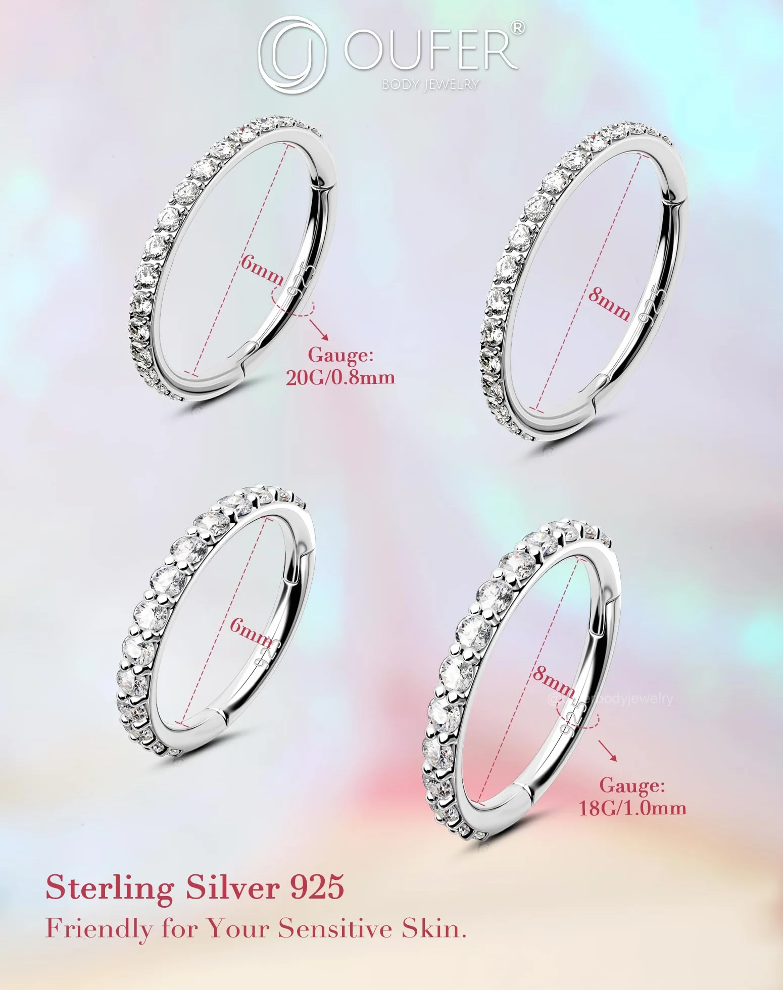 OUFER Anello Naso 20G 6 mm Argento 925 CZ Trasparente Seamless Open Piercing Naso Donna