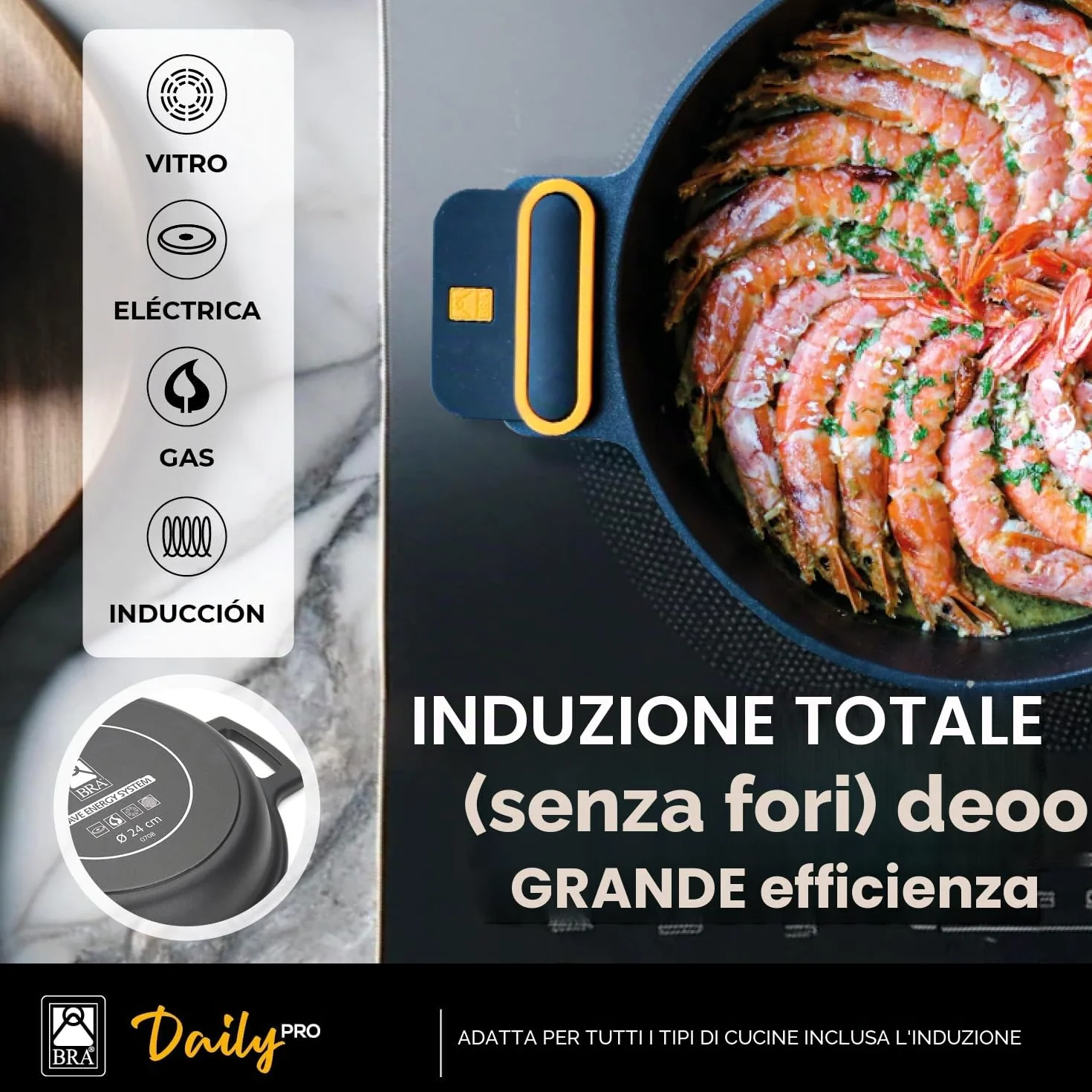 BRA Daily Pro | Casseruola bassa 36 cm, alluminio fuso | Antiaderente Senza PFOA, Adatta a tutti i tipi di piani cottura e induzione, Nero, Giallo