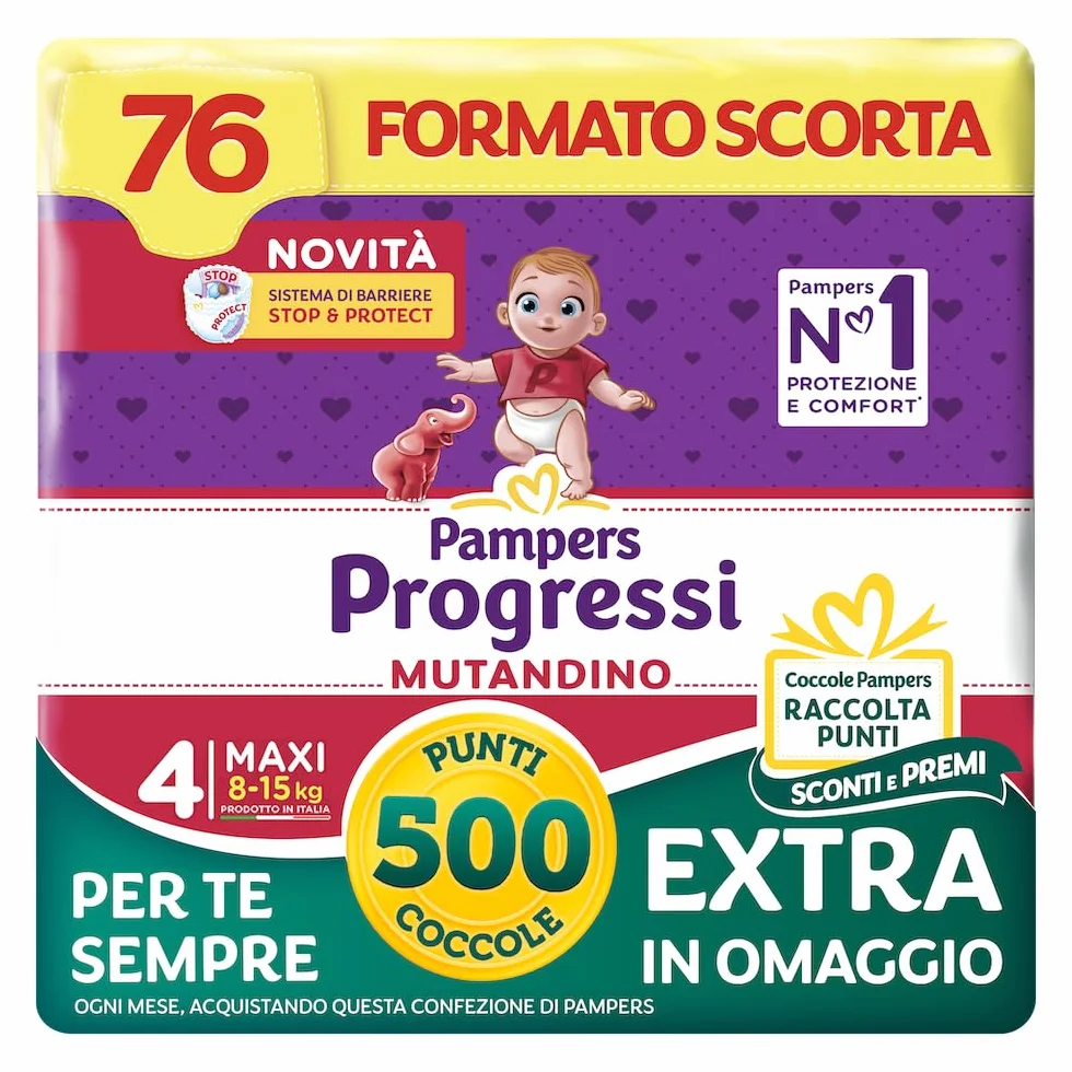 Pampers Progressi Mutandino Maxi Taglia 4 (8-15 kg) 76 Pannolini Bambino Barriera Stop&Protect Pelli Delicate