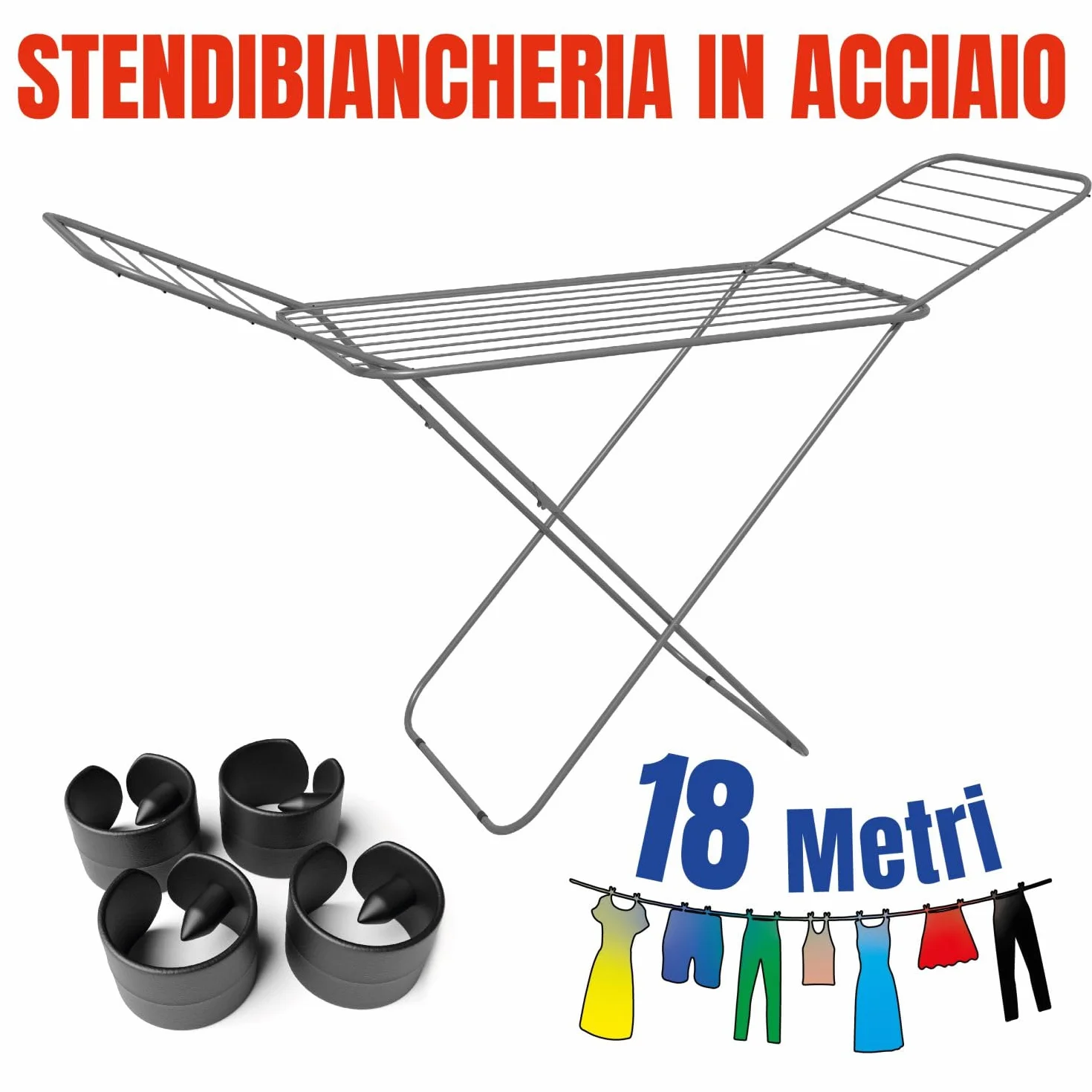 Stendibiancheria Da Pavimento 18 Metri Plus Pieghevole Salvaspazio In Acciaio