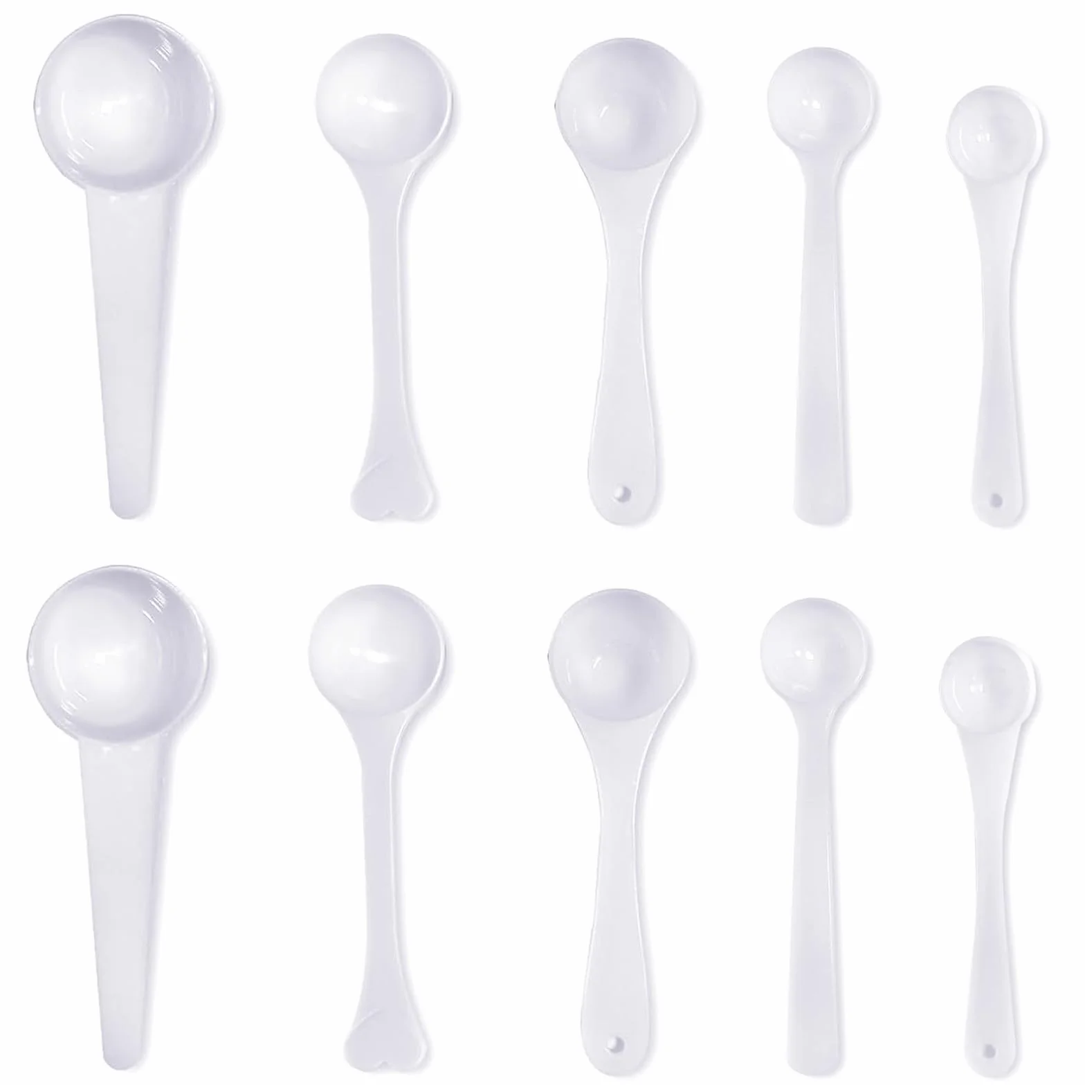 10 Pezzi Misurini Dosatori in Plastica, Kit Cucchiai Misuratori di Precisione da 0.5g, 1g, 2.5g, 3g, 5g, Ideali per Integratori, Polveri e Spezie,Bianco