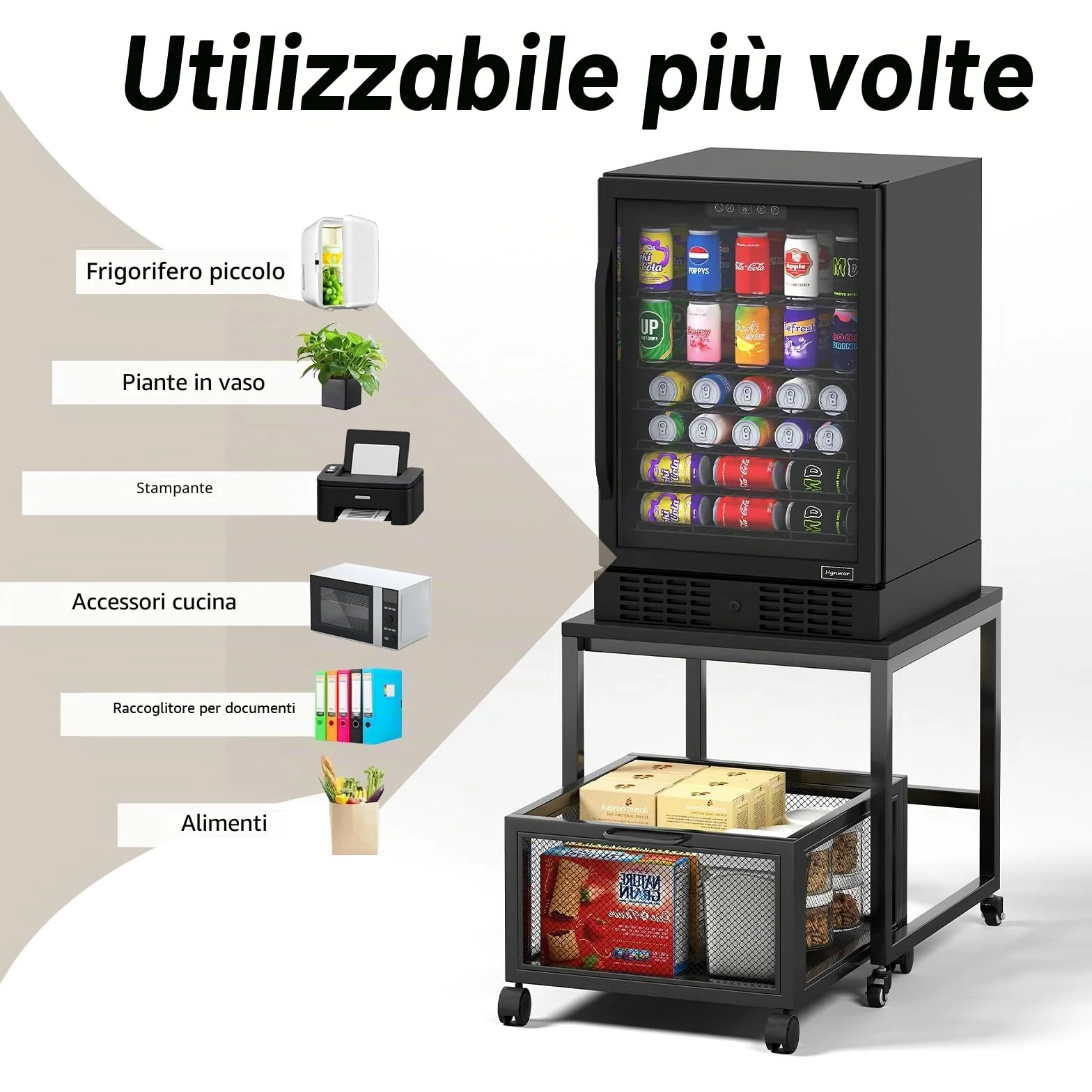 Tavolo per stampante con stoccaggio Drawer, supporto per stampante con ruote universali, supporto per stampante portatile in legno e metallo, 50 x 50 x 43 cm, portata fino a 70 kg, per ufficio, casa