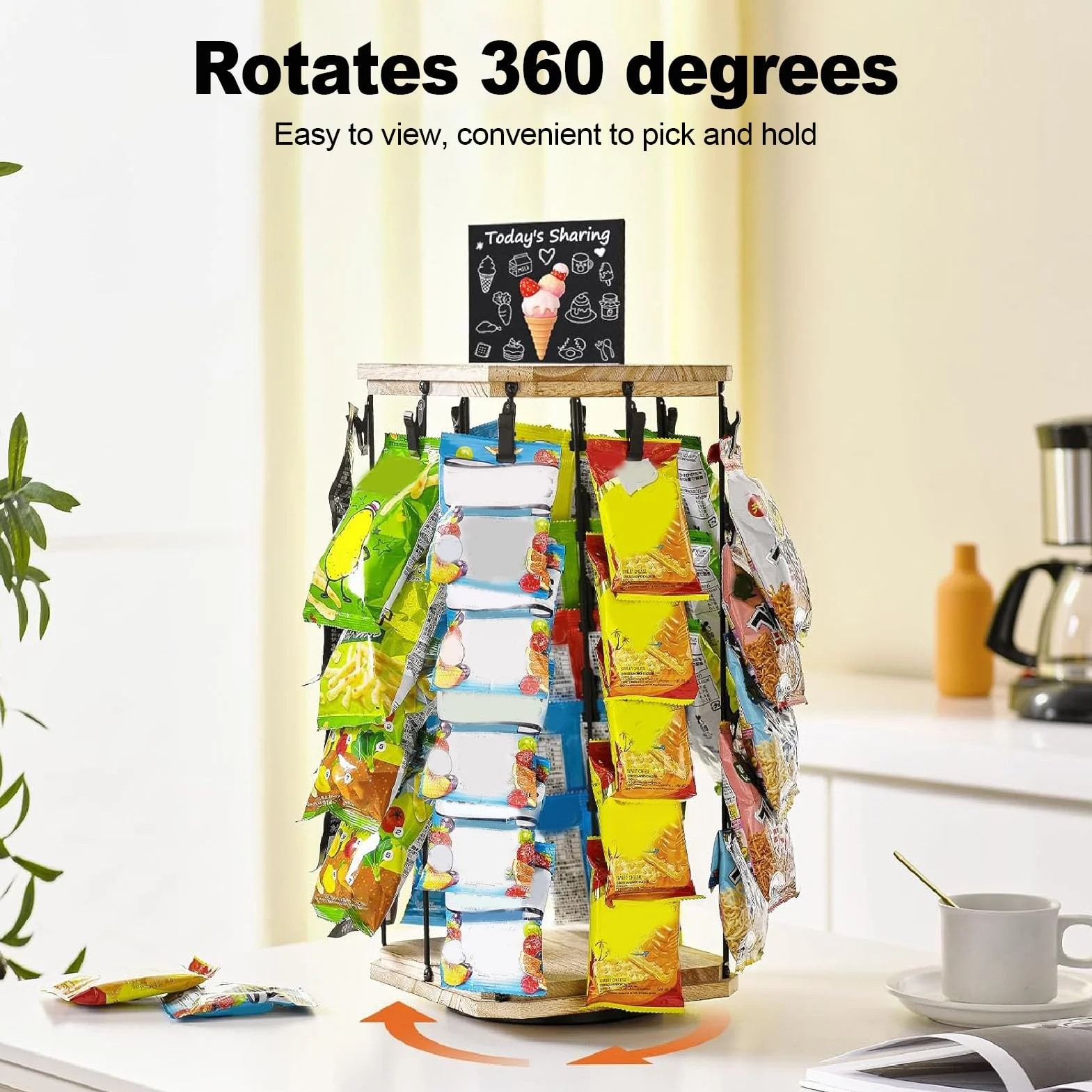Wakects Espositore per Patatine, Espositore Girevole per Snack, con Struttura in Metallo e Base in Legno, 5 Ripiani, 40 Clip, Porta Patatine da Banco, per Scrivania, Negozio, per feste.