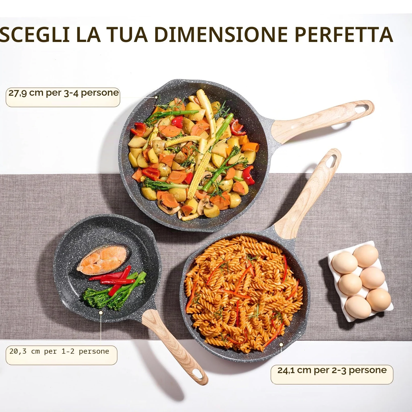 JEETEE Induzione Set Padelle Antiaderente 3 Pezzi 20,24,28cm, Granito-Antiaderente Rivestimento, Ghisa di Alluminio, Maniglia in bachelite, Compatibile Tutti Fornelli y Induzione, Senza PFOA, Grigio