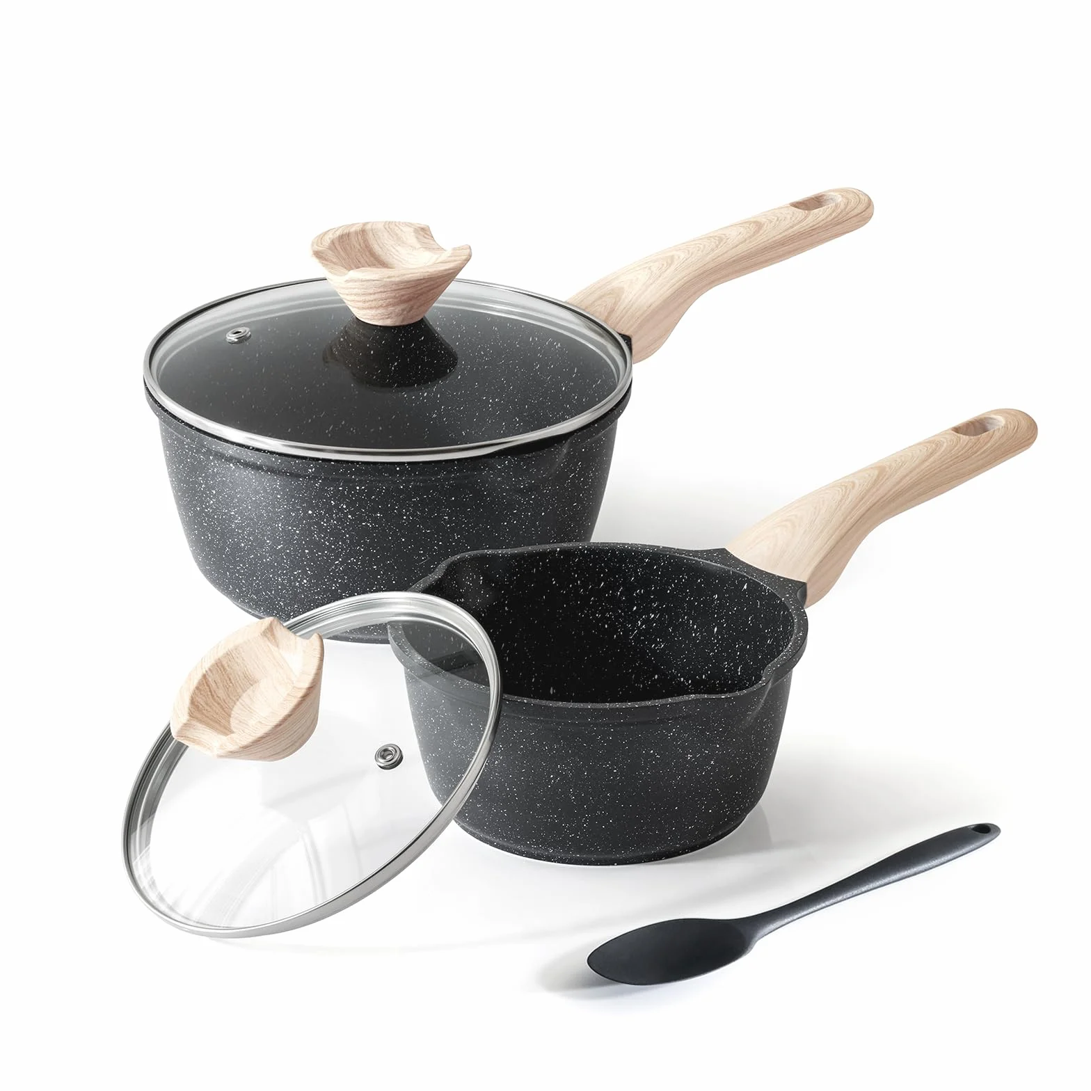 Set di pentole Kordisen con coperchi, da 16 cm e 20 cm, rivestimento in granito, doppio beccuccio per versare, facili da pulire, adatte ai piani cottura a induzione - Ideali per cucine piccole (Nero)