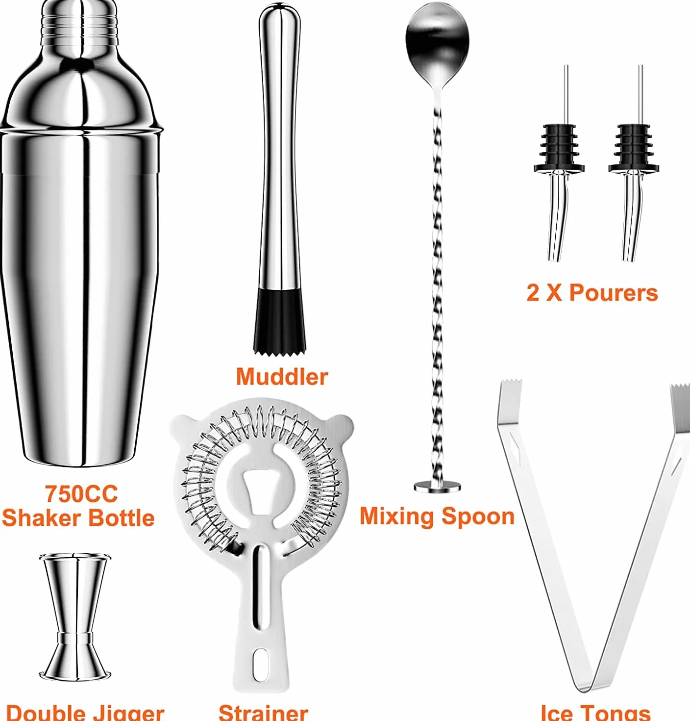 Gvolatee 750 ml shaker in Acciaio Inox, 8 pezzi cocktail set professionale barman kit