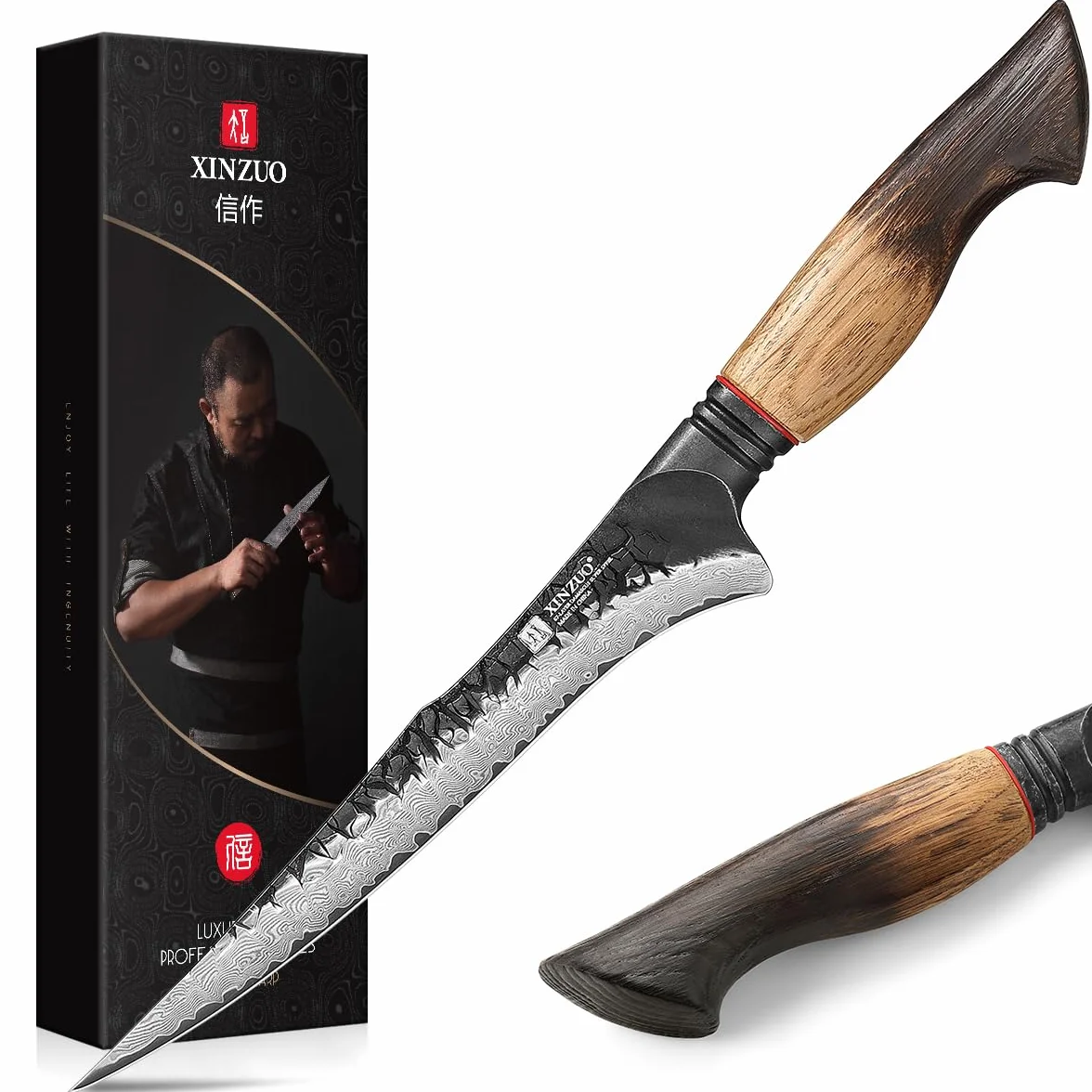 XINZUO 19cm Coltello per Sfilettare da Cucina Acciaio Damasco a 67 Strati -Professionale Coltello da Filetto Cucina Bordo Disossare Pesce e Carne -Manico Ergonomico in Rovere Bianco
