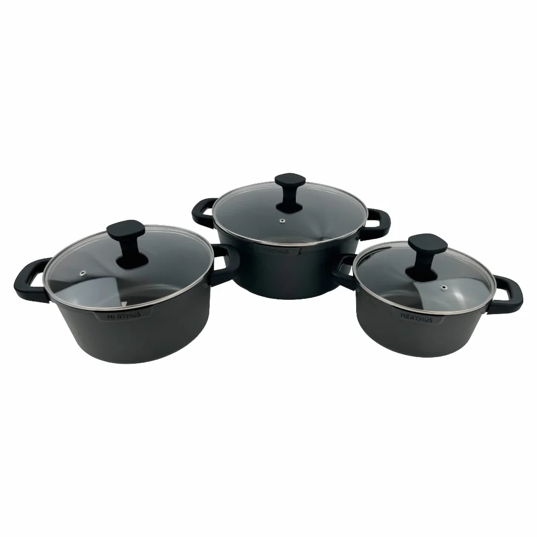 Nerthus FIH 1555 casseruola alta in alluminio pressofuso con rivestimento antiaderente quantanium adatta a induzione gas e vetroceramica coperchio in vetro con valvola e manici in silicone removibili