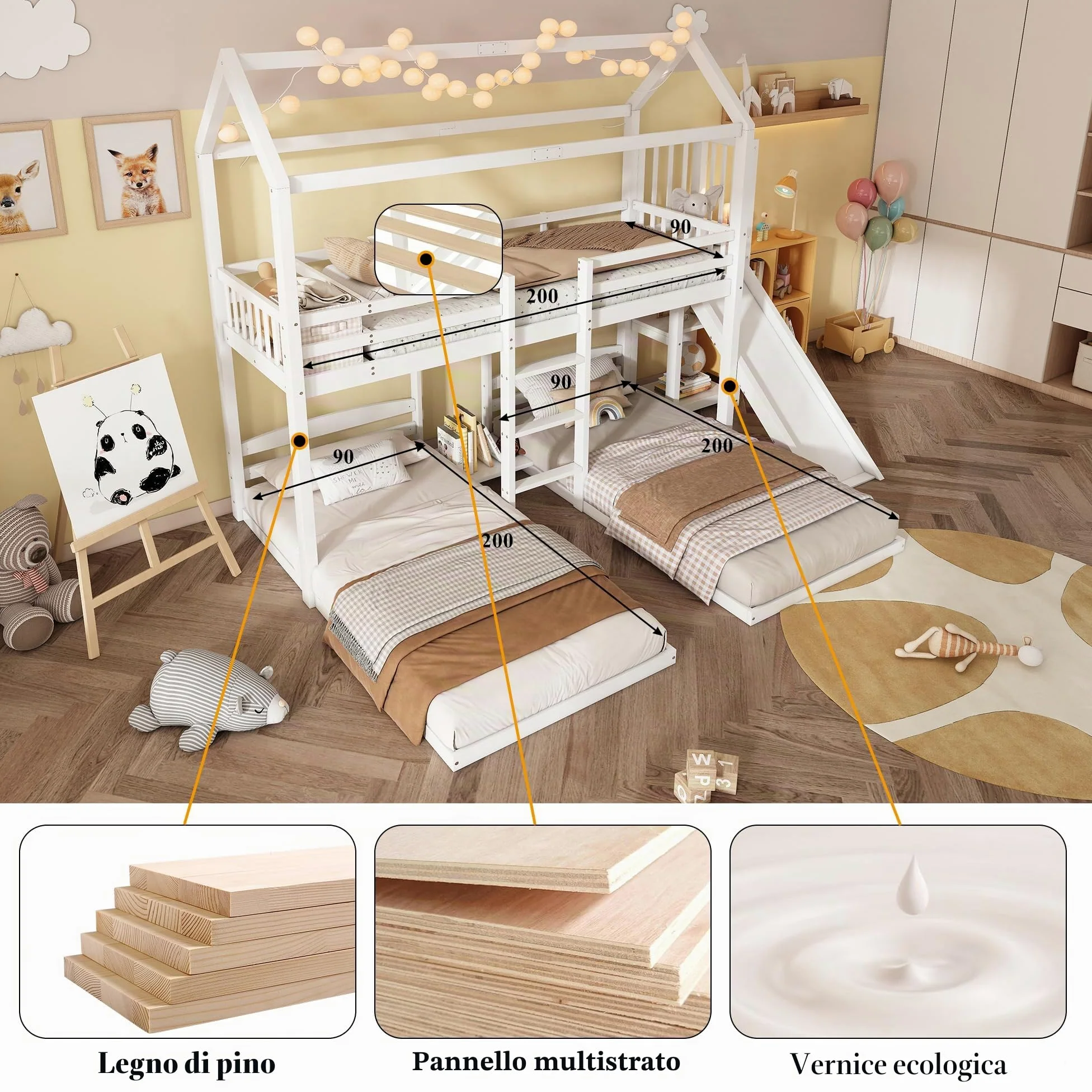 Letto a Castello 90 x 200 cm, Letto a Castello con Scivolo e 3 Posti Letto, per Ragazzi e Bambini (senza Materasso)