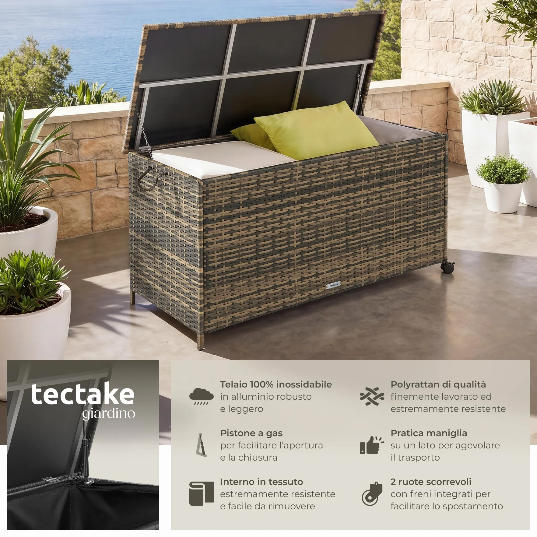 tectake Box Contenitore da Esterno 116x54x64 cm 253 L Polyrattan Alluminio Coperchio Rinforzato Rotelle Girevoli