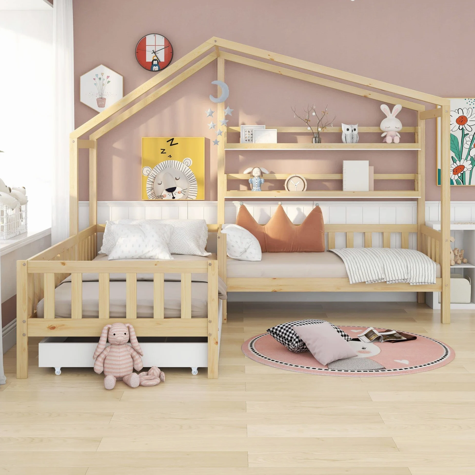 Letto a Forma di Casa per 2 Bambini 90x200 cm E 140x70 cm, Letto Matrimoniale con Cassetti e Ripiani, Legno Massello con Rete e doghe, Struttura a L, per Ragazzi e Ragazze, Naturale