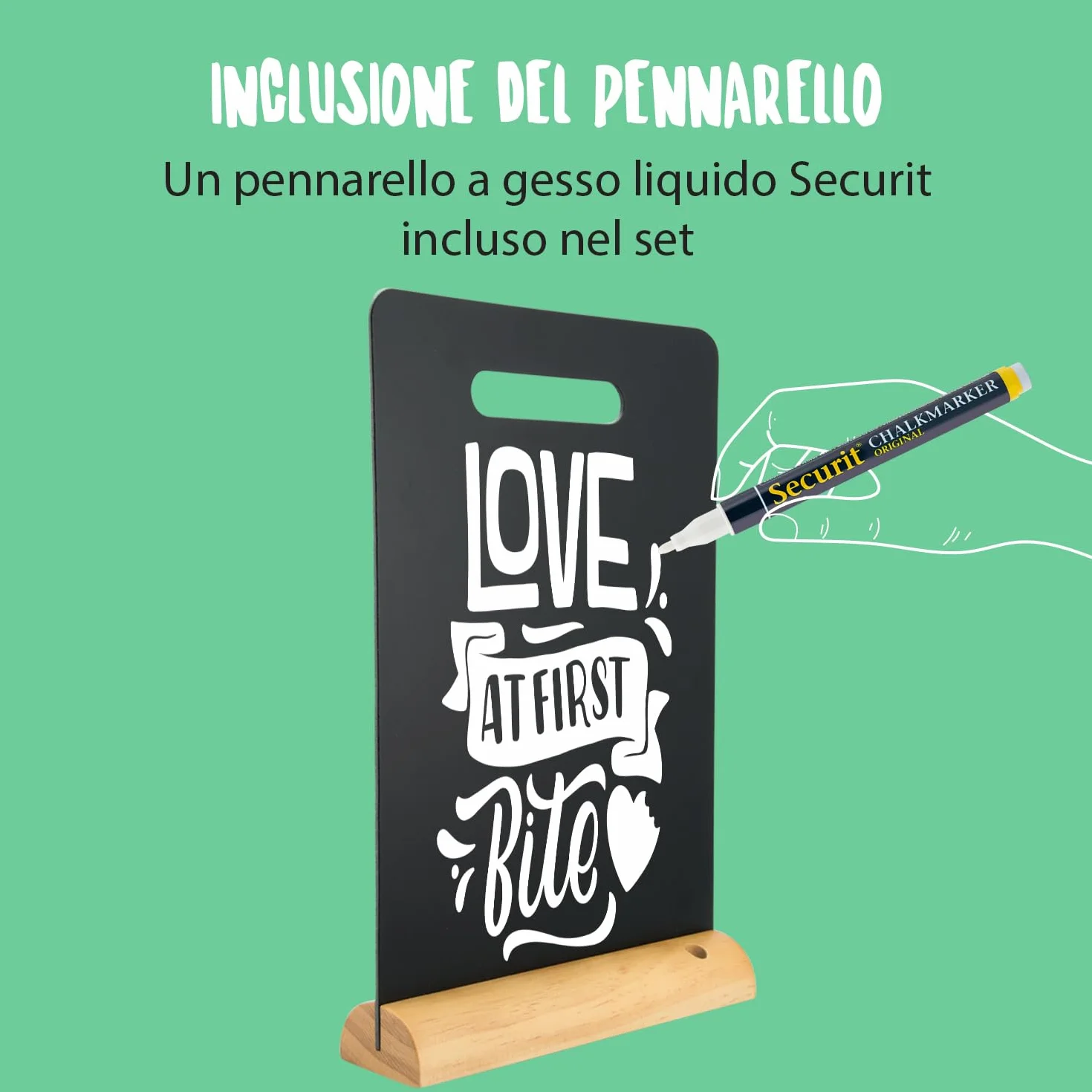 SECURIT - Lavagna da Tavolo con Manico - Per Pennarelli a Gesso Liquido - Per Caffè, Ristoranti, Bar, Negozi - Inserto Rimovibile - Base in Legno Laccato - 33,5x21x6cm - 1 Pennarello Bianco Incluso