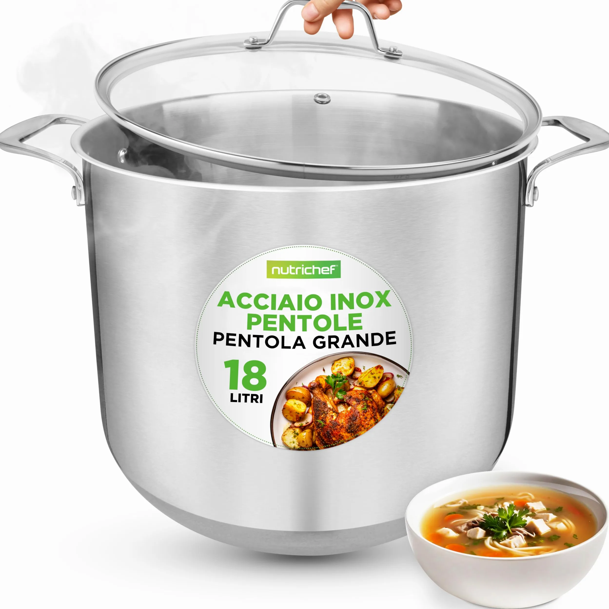 NutriChef Pentola in Acciaio Inox da 18 Litri, Grado Alimentare 18/8, Pesante, Adatta per Induzione, Ideale per Stufati, Cottura Lenta e Zuppe, con Coperchio Trasparente e Lavabile in Lavastoviglie
