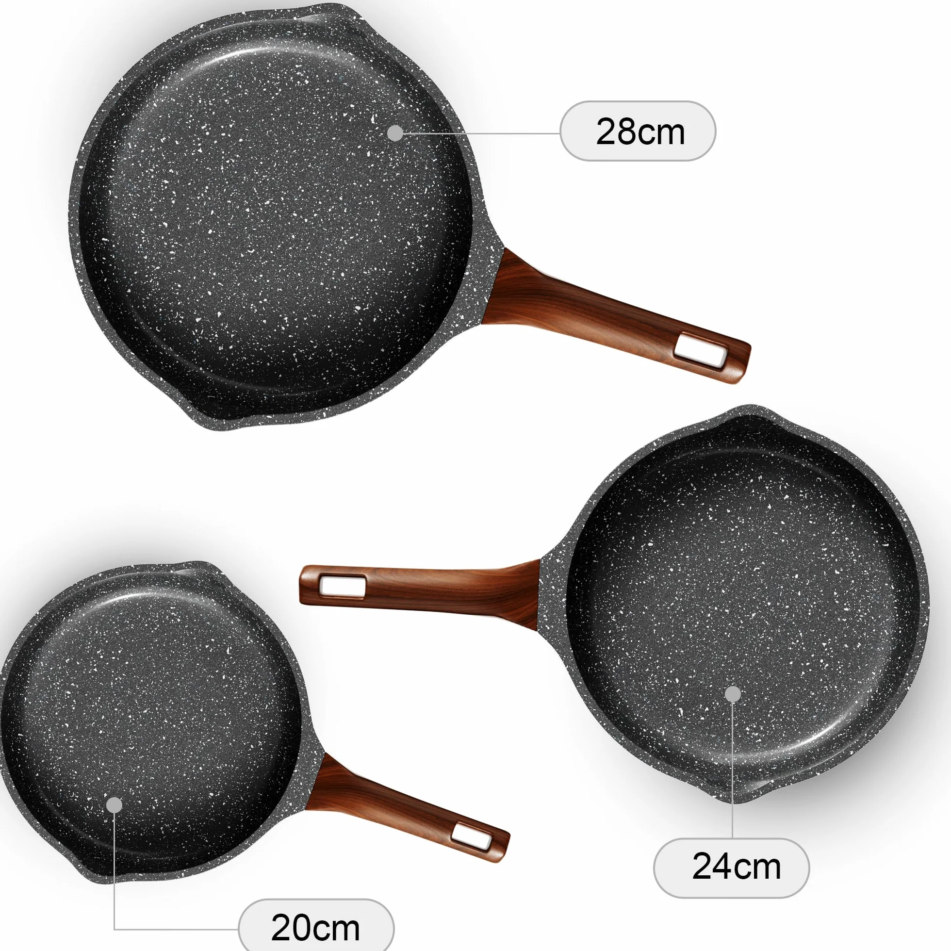 RIOVARM Induzione Set di padelle con coperchi Antiaderente Padelle universali 20 cm 24 cm 28 cm Granito Padella per omelette Set di pentole con manico resistente al calore Adatto a vari fornelli