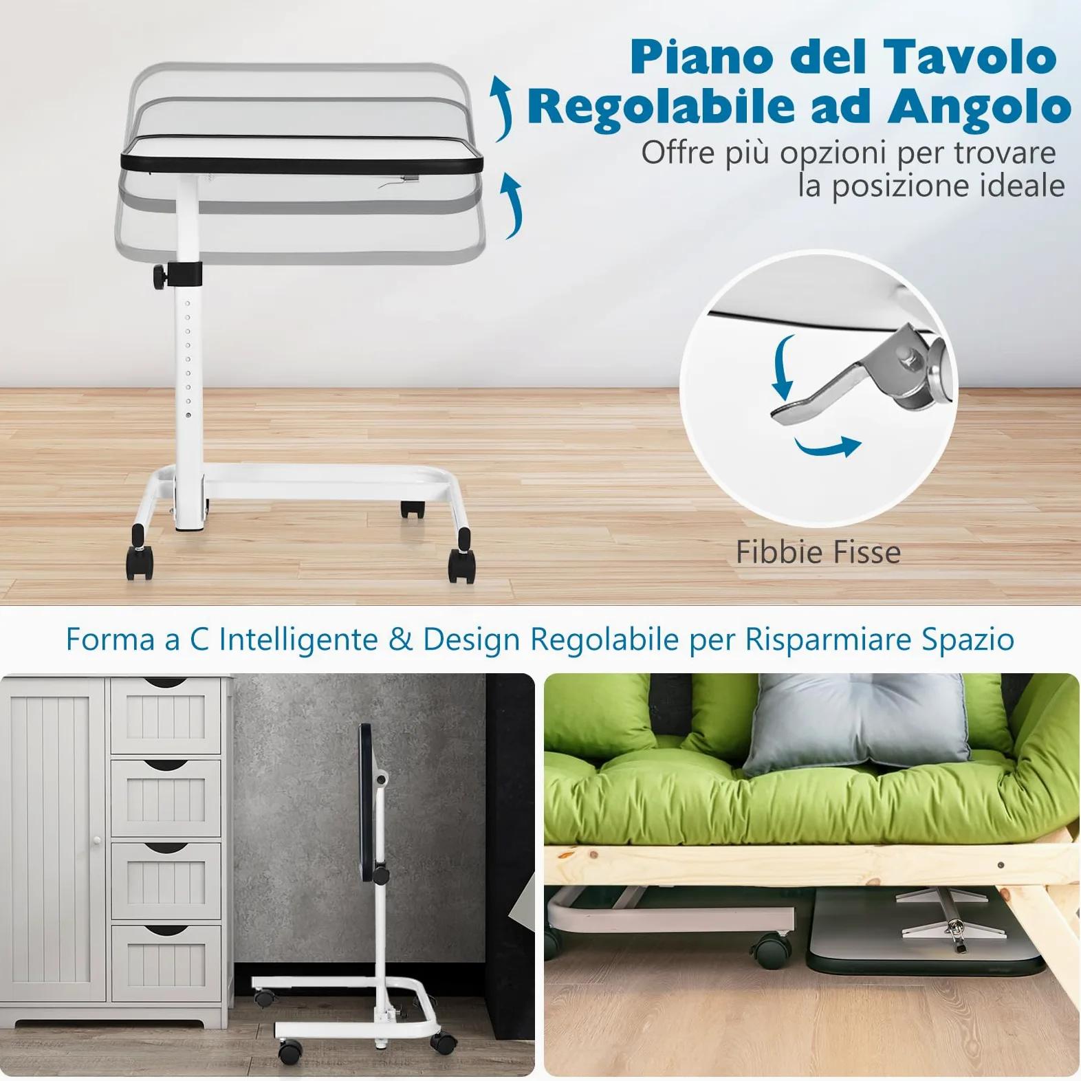 GYMAX Tavolo da Letto Tavolino Laterale con 4 Rotelle Universali, Angolo e Altezza Regolabile, Piano Inclinabile, a Forma di C, per Soggiorno, Camera da letto, Ospedale (Bianco)