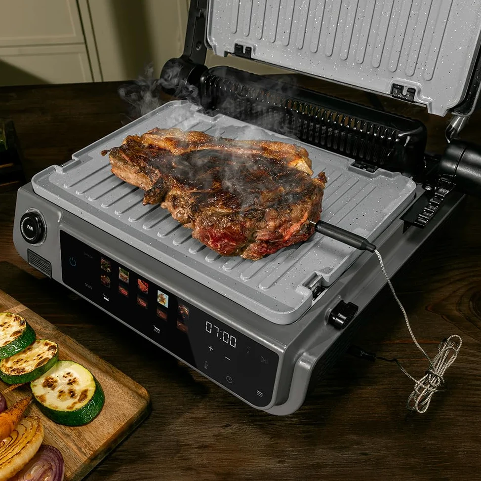 Cecotec Griglia elettrica con Grill Rock'nGrill 2000 Smash PerfectCook. 2000 W, Sonda Temp, Smash Burger, Smokeless, Dual Temp, Raccoglitori, piastre reversibili, superficie 30 x 21 cm, acciaio