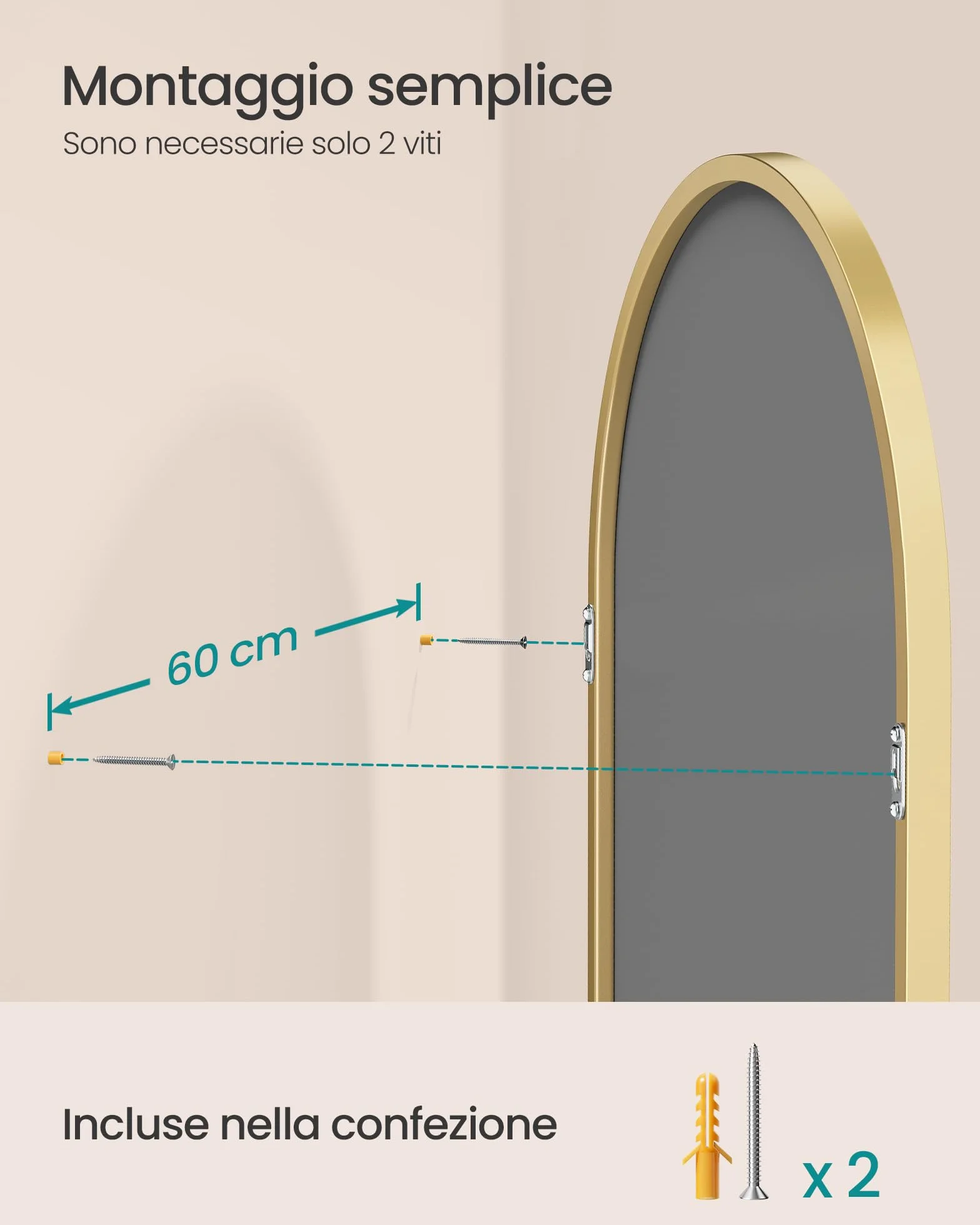 SONGMICS Specchio Bagno, Specchio da Parete, ad Arco, Cornice in Alluminio, 91 x 61 cm, Pellicola di Sicurezza, Facile da Montare, Soggiorno Camera da Letto, Oro Pallido LWM011AB01