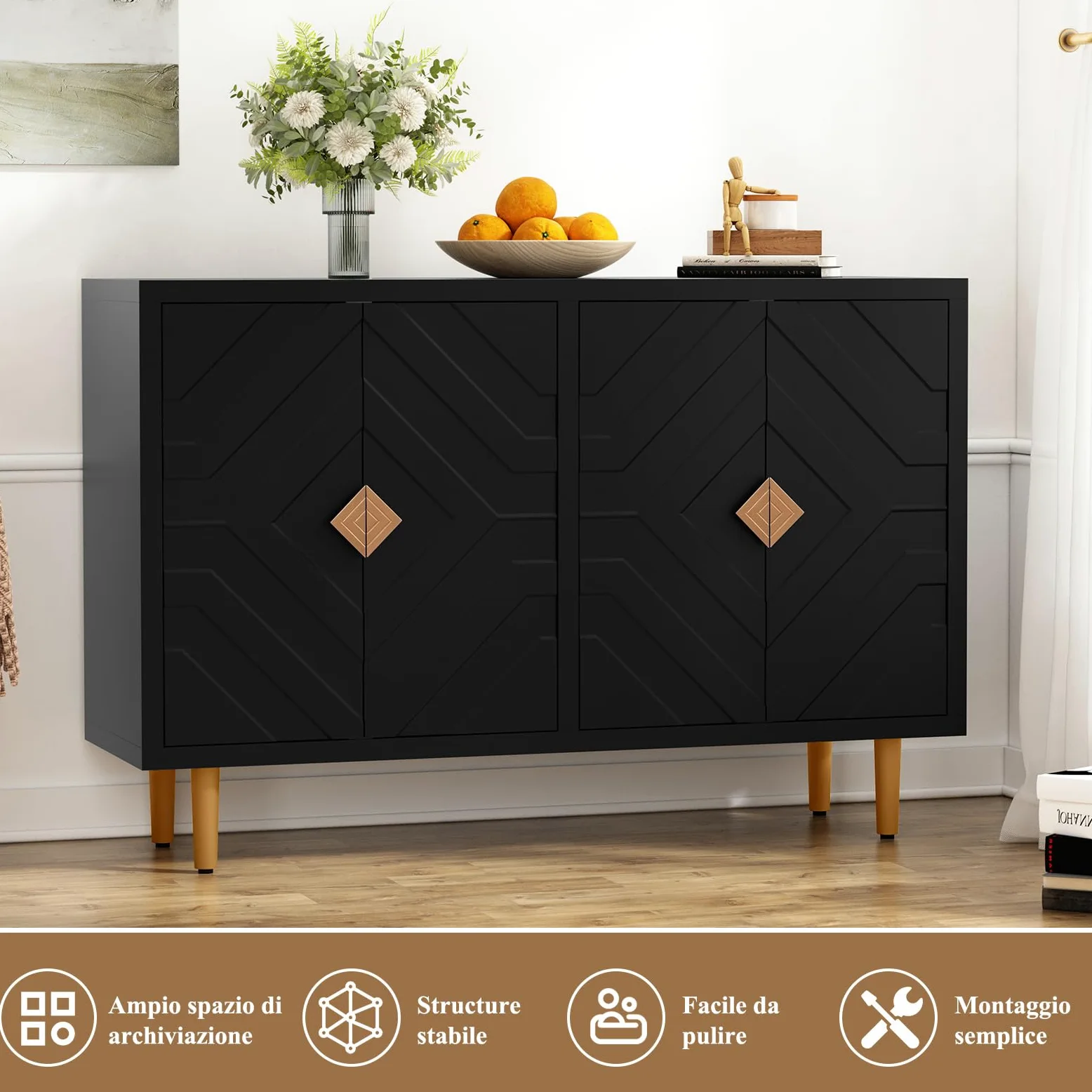 HOLTICO Credenza Moderna con 4 Ante, Armadietto con Design a Rilievo Geometrico, Mobile Multifunzione per Soggiorno, Cucina e Camera da Letto, 4 Colorazioni Esclusive, Nero Scuro