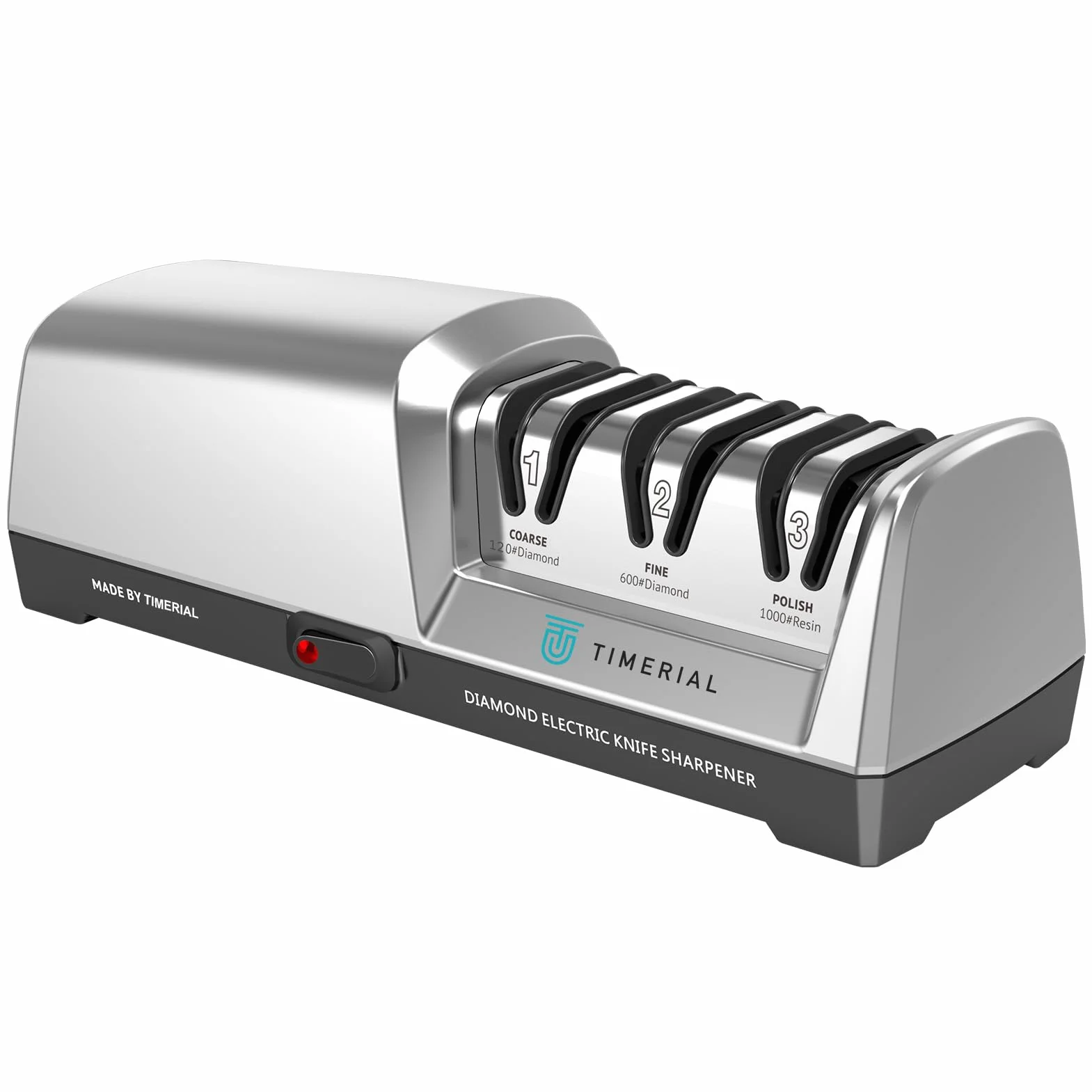 TIMAL Affilacoltelli elettrico 3 stadi Disco abrasivo diamantato 15° Guida angolare di precisione per coltelli da cucina in acciaio 120/600/1000 grana