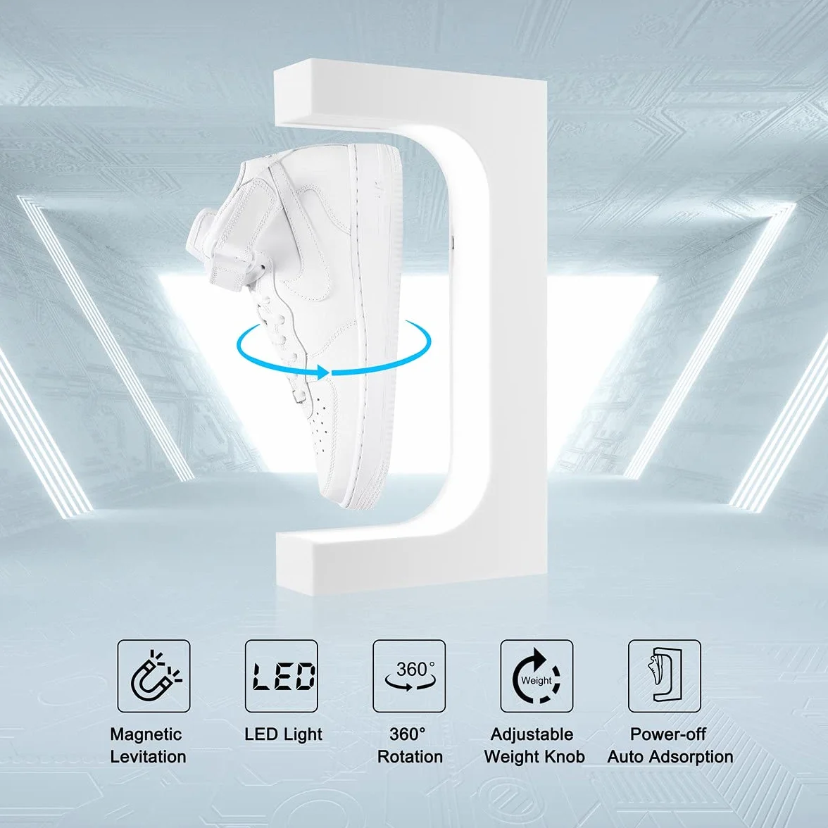 Levitazione Scarpe Display Magnetico Sneaker Stand LED Luce Rotante Galleggiante Holder Rack Bianco
