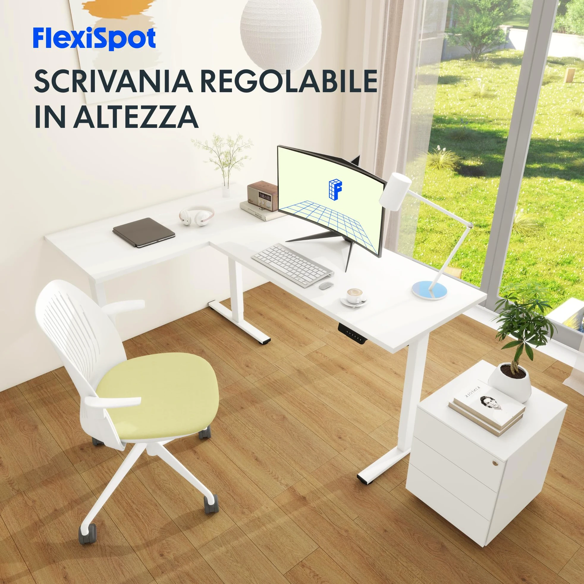 FLEXISPOT - Scrivania da ufficio angolare 180x120cm, tavolo a L con 3 piedi, scrivania elettrica regolabile in altezza con 4 pulsanti di memoria e sistema di sicurezza anti-collisione (Bianco)