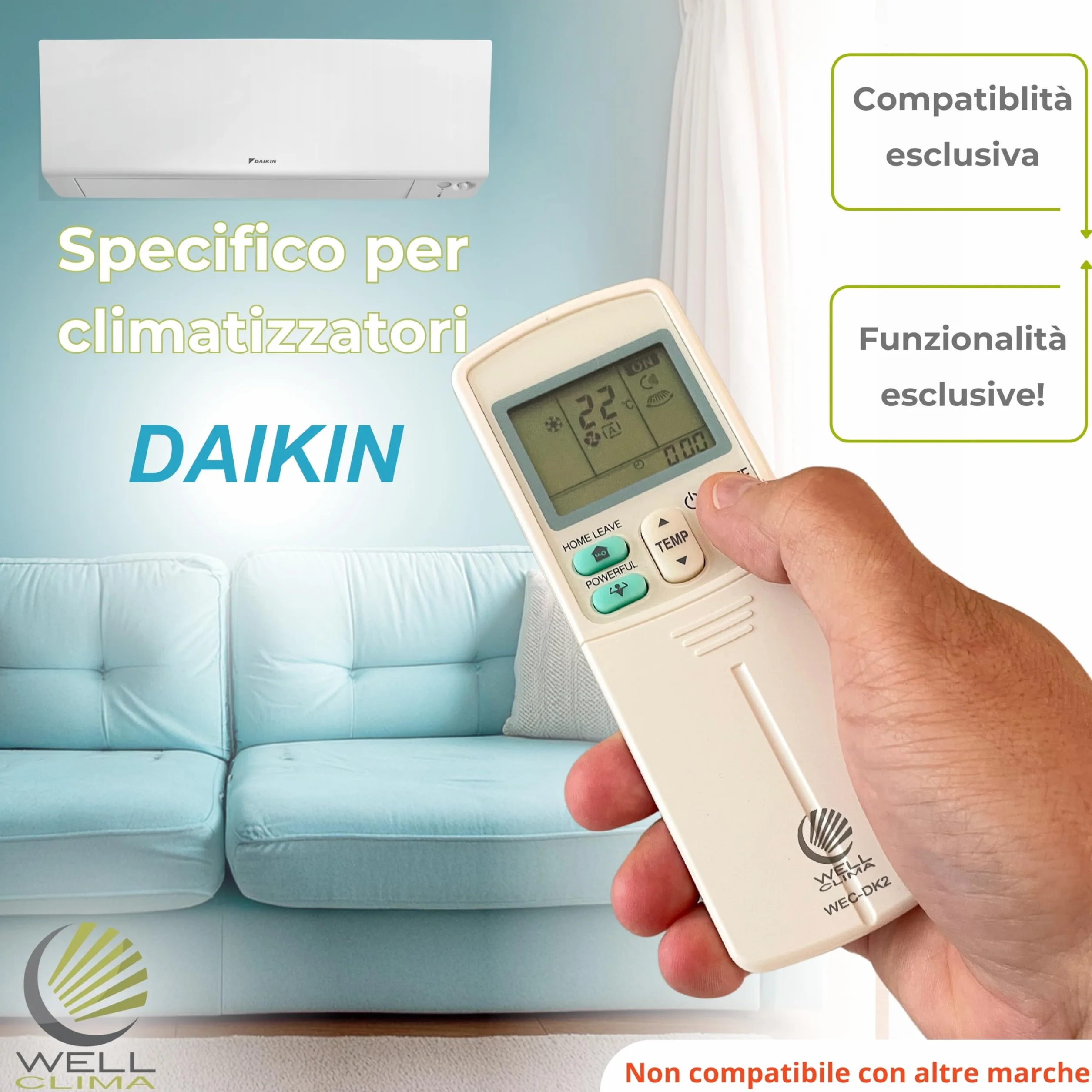 Wellclima Telecomando Universale per Condizionatori Daikin, Compatibilità Garantita, Design Simile all'Originale, Fino a 5 Velocità di Ventola, Istruzioni in 6 Lingue, Assistenza Diretta