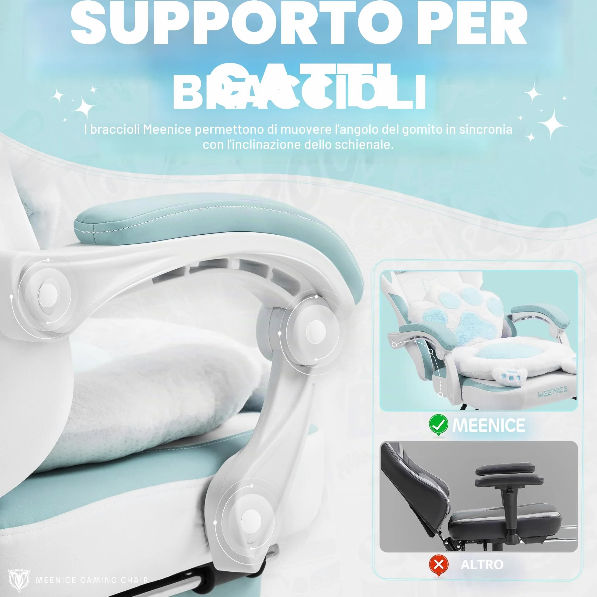 Gatto Sedia Gaming con Poggiapiedi, Cuscino Lombare e Orecchie di Gatto, Sedia da Gaming Ergonomica in Velluto, con Poggiapiedi, per Donne, Adulti e Adolescenti, Blu e Bianco