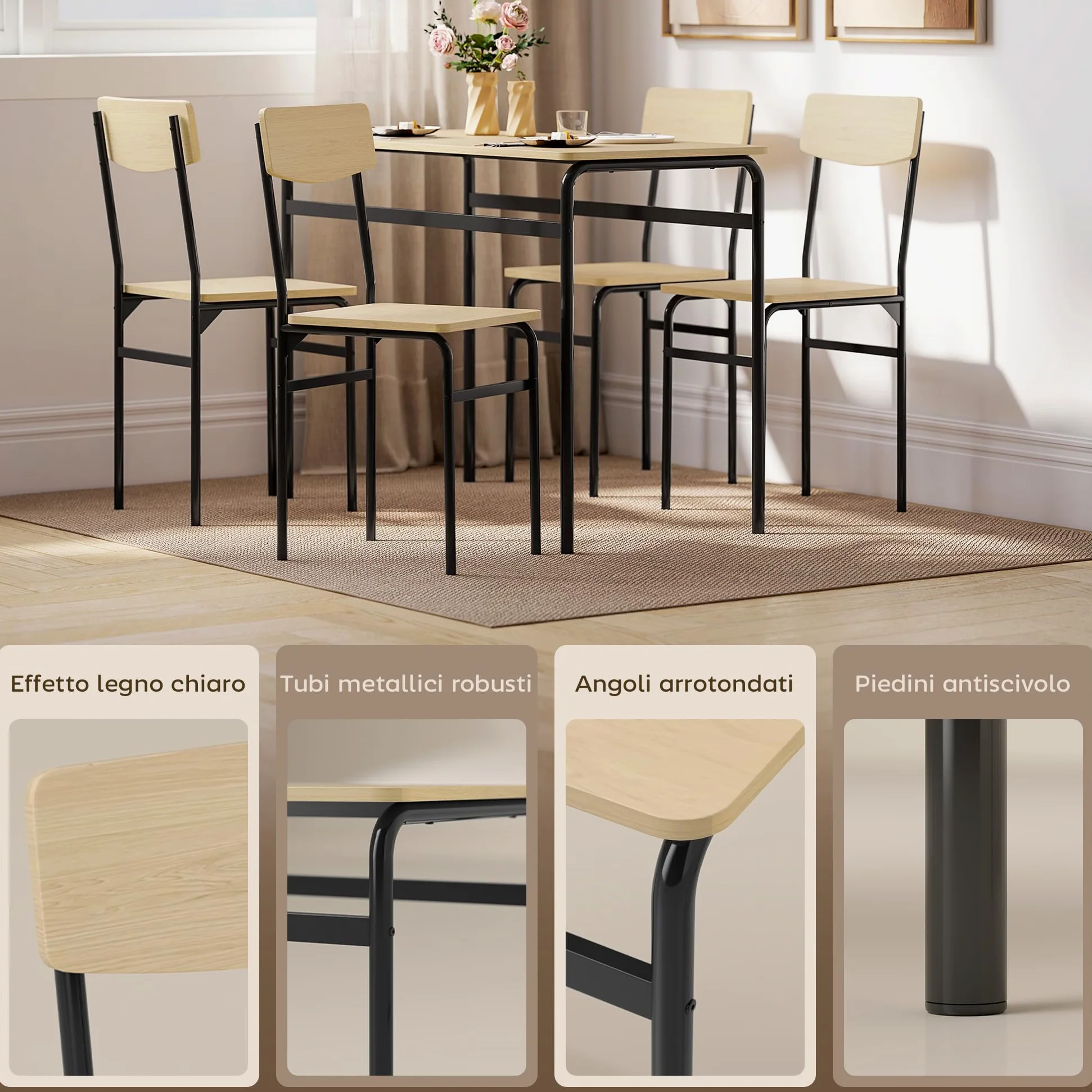 HOMCOM Set Tavolo e Sedie Sala da Pranzo 5 Pezzi, Tavolo da Pranzo Rettangolare e 4 Sedie in Legno e Metallo, Salvaspazio, Design Industriale, per Soggiorno Salotto Cucina, Nero e Color Legno